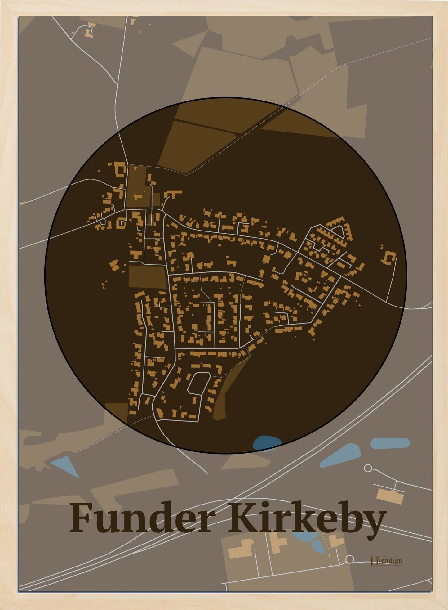 Funder Kirkeby plakat i farve mørk brun og HjemEgn.dk design centrum. Design bykort for Funder Kirkeby
