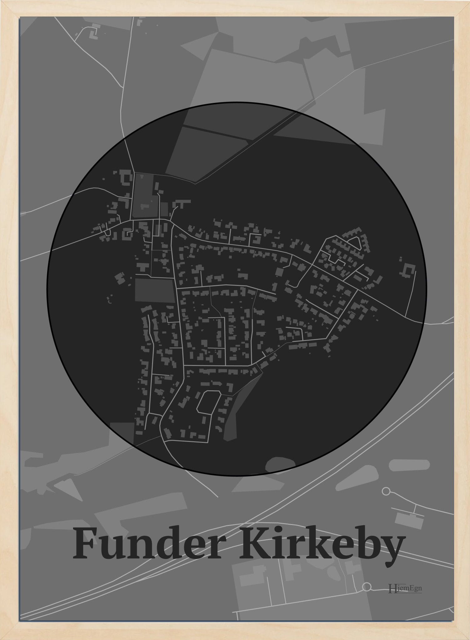 Funder Kirkeby plakat i farve mørk grå og HjemEgn.dk design centrum. Design bykort for Funder Kirkeby