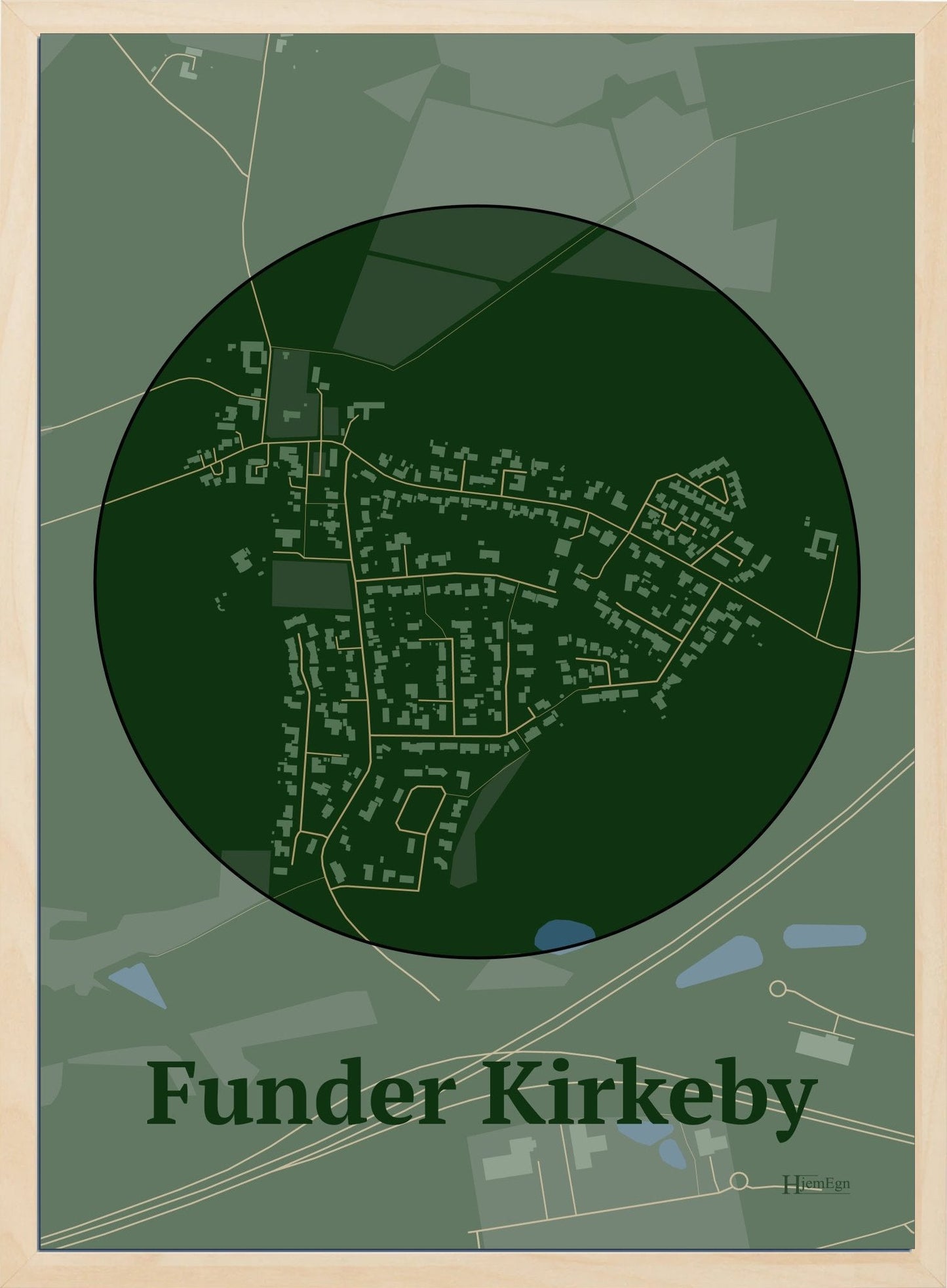 Funder Kirkeby plakat i farve mørk grøn og HjemEgn.dk design centrum. Design bykort for Funder Kirkeby