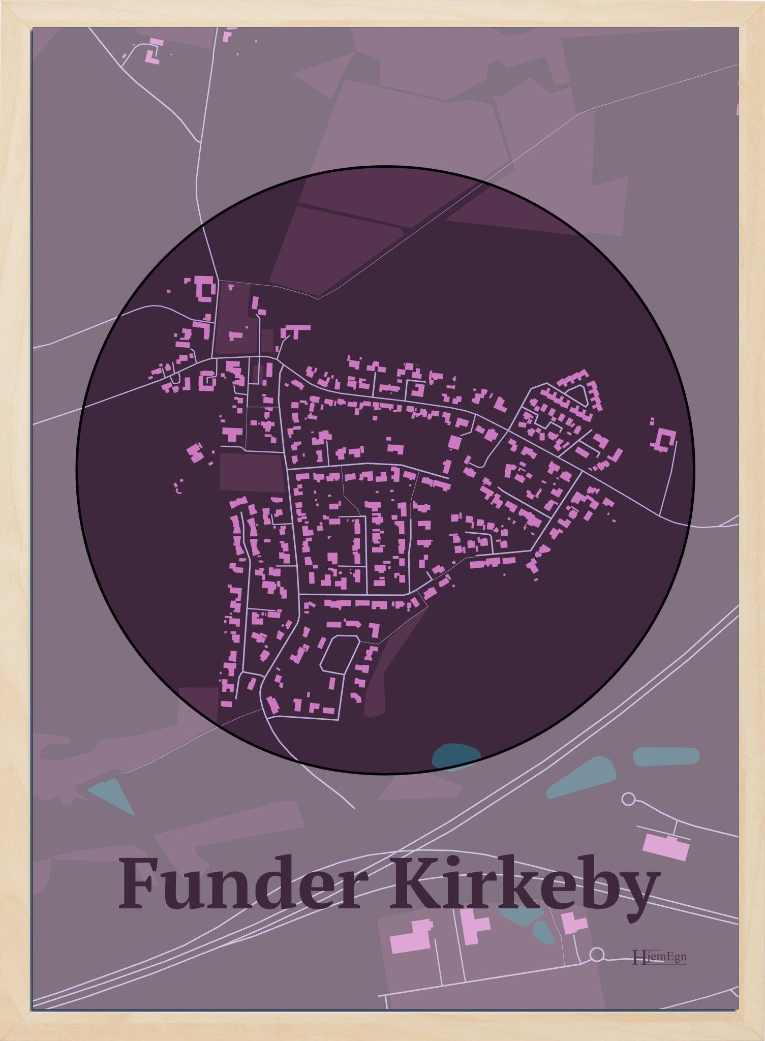 Funder Kirkeby plakat i farve mørk rød og HjemEgn.dk design centrum. Design bykort for Funder Kirkeby