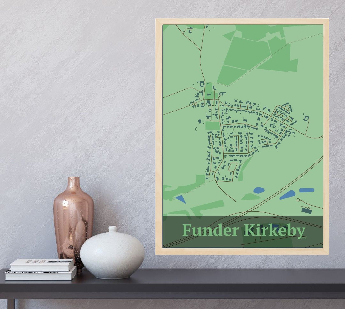 Funder Kirkeby plakat i farve  og HjemEgn.dk design firkantet. Design bykort for Funder Kirkeby