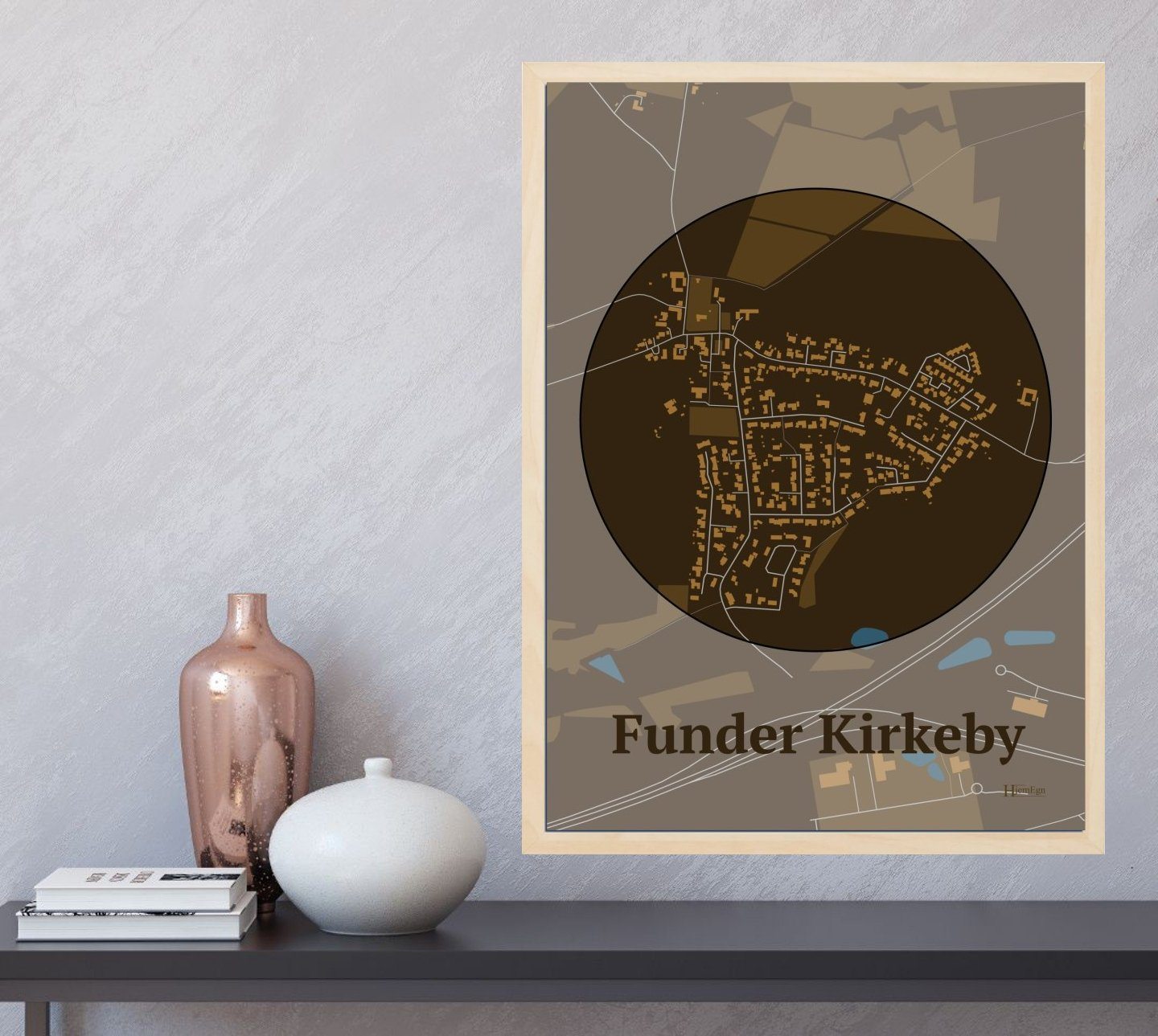 Funder Kirkeby plakat i farve  og HjemEgn.dk design centrum. Design bykort for Funder Kirkeby