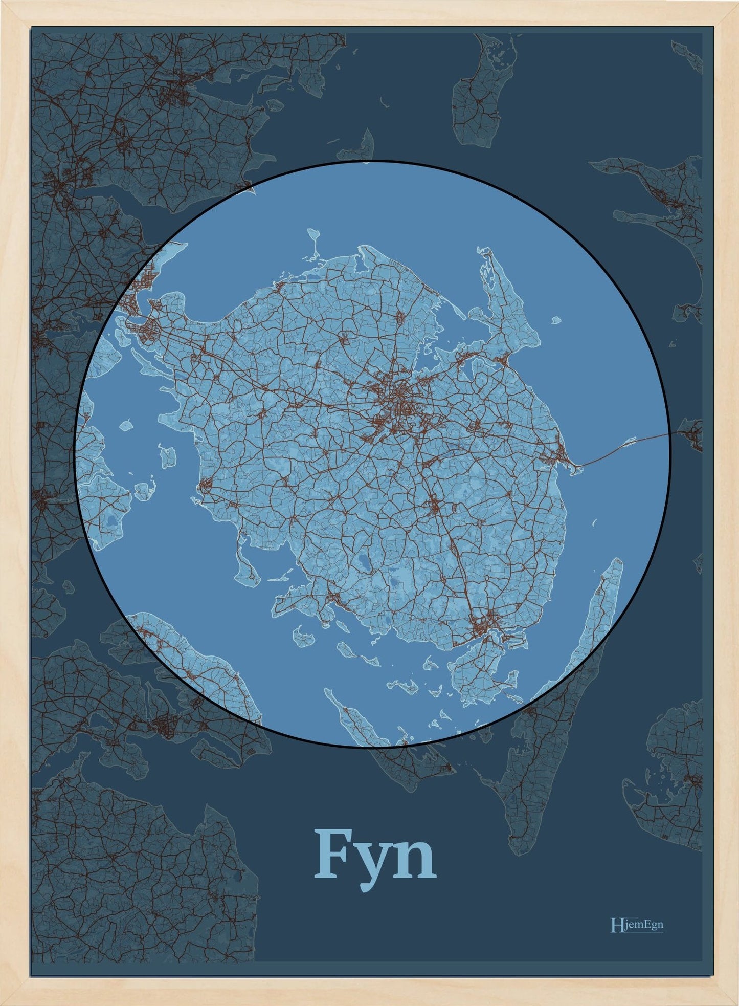 Fyn plakat i farve pastel blå og HjemEgn.dk design centrum. Design bykort for Fyn