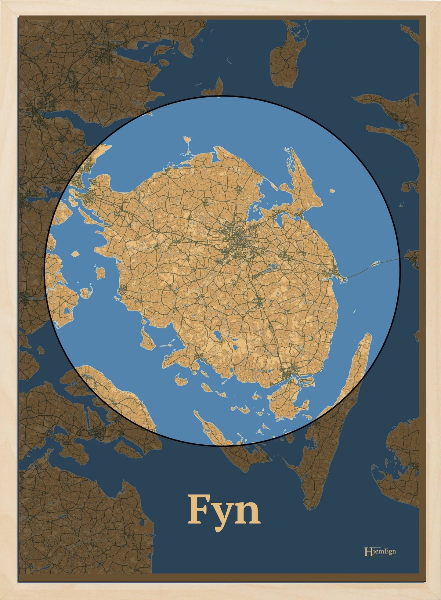 Fyn plakat i farve pastel brun og HjemEgn.dk design centrum. Design bykort for Fyn