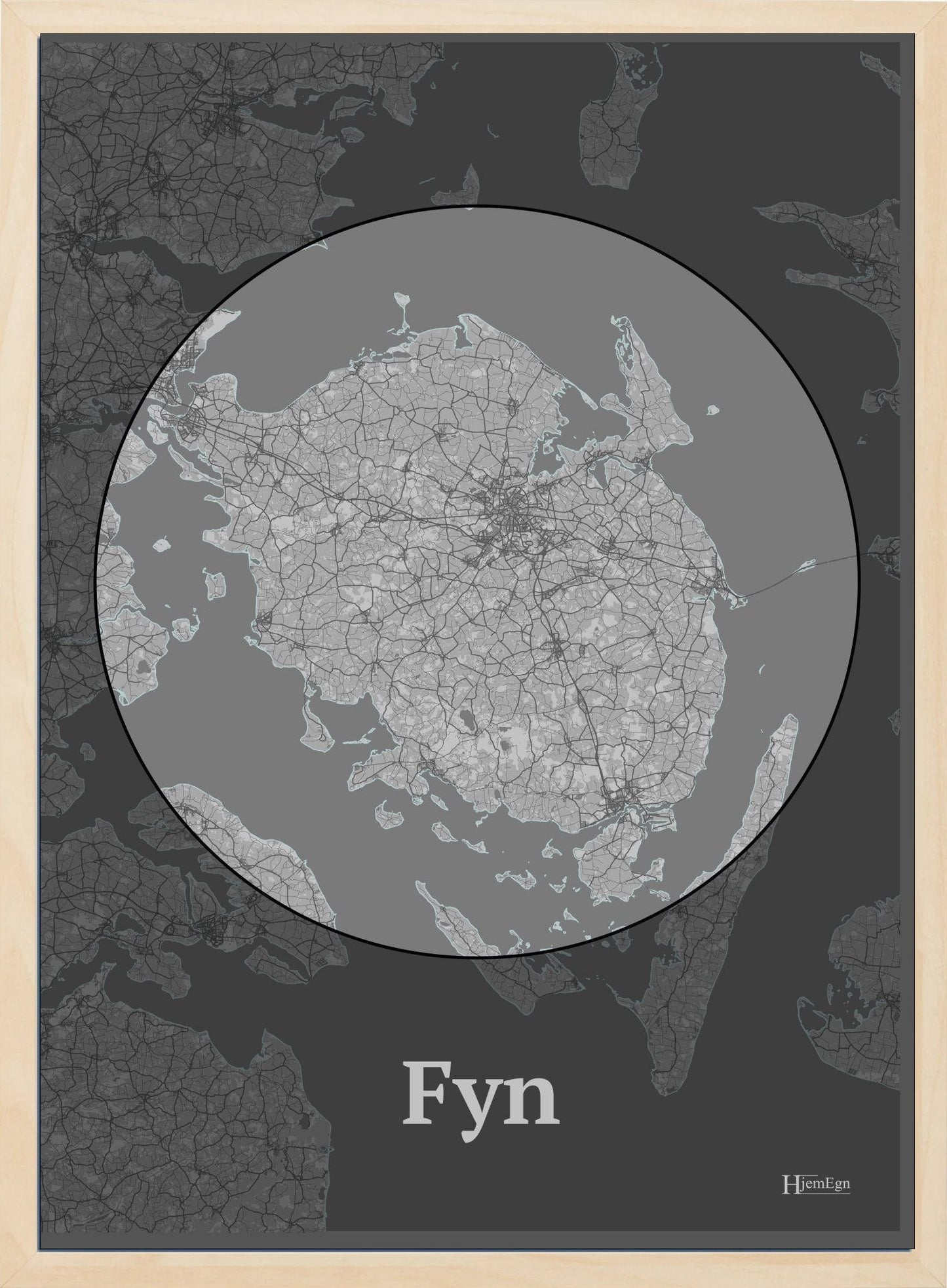 Fyn plakat i farve pastel grå og HjemEgn.dk design centrum. Design bykort for Fyn