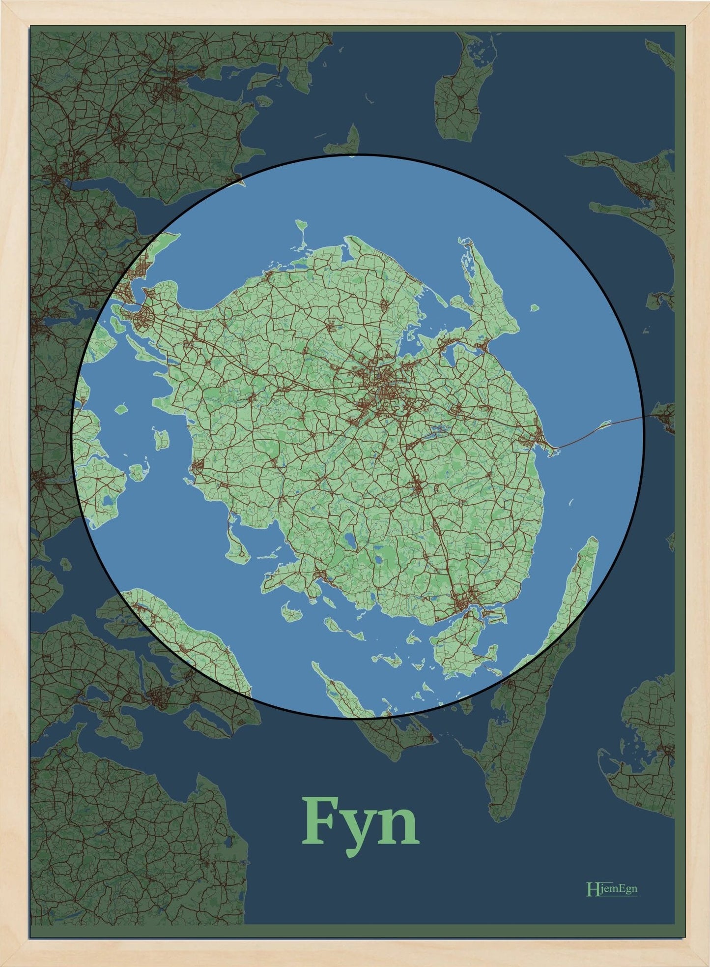 Fyn plakat i farve pastel grøn og HjemEgn.dk design centrum. Design bykort for Fyn