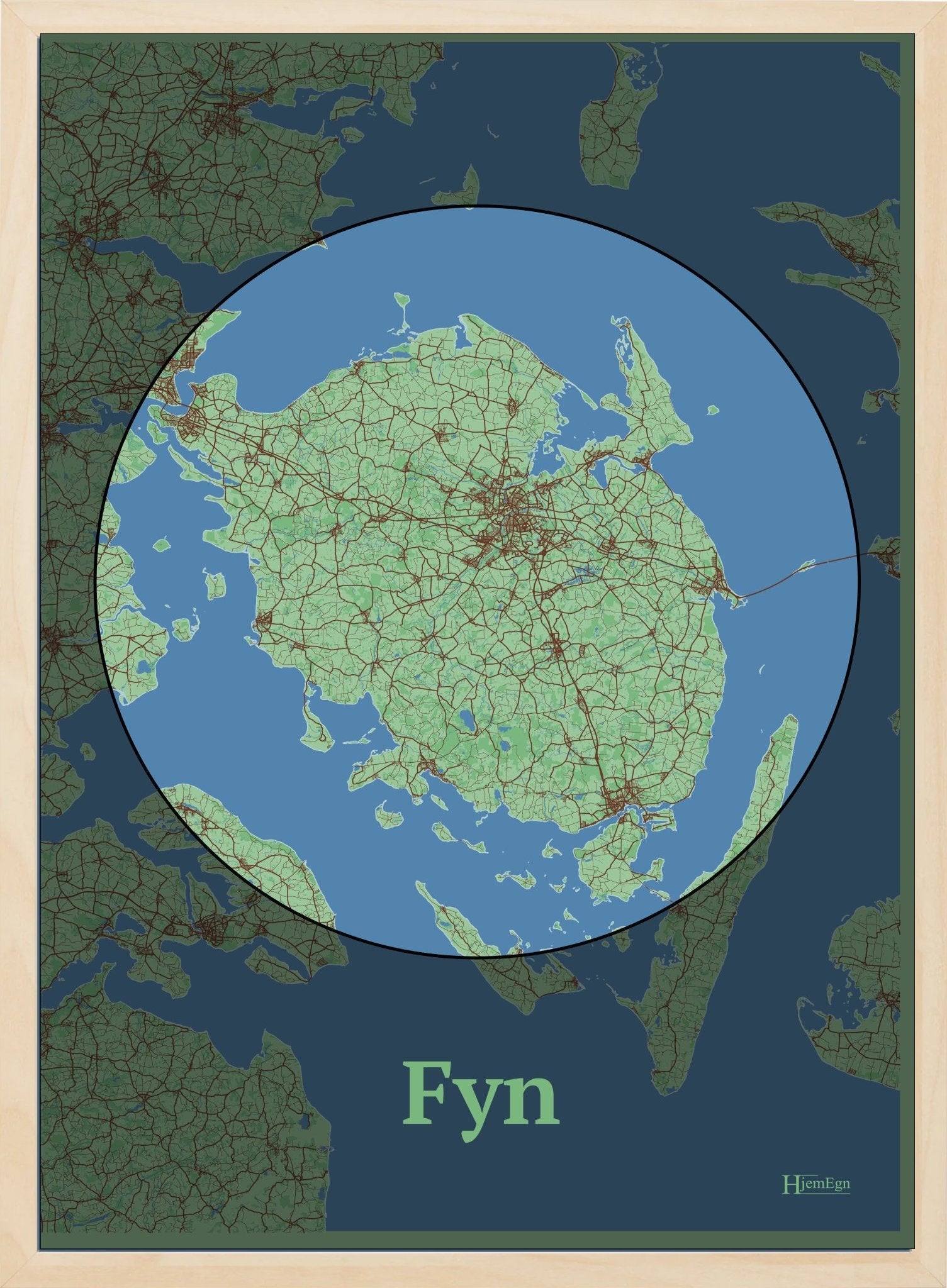 Fyn plakat i farve pastel grøn og HjemEgn.dk design centrum. Design bykort for Fyn