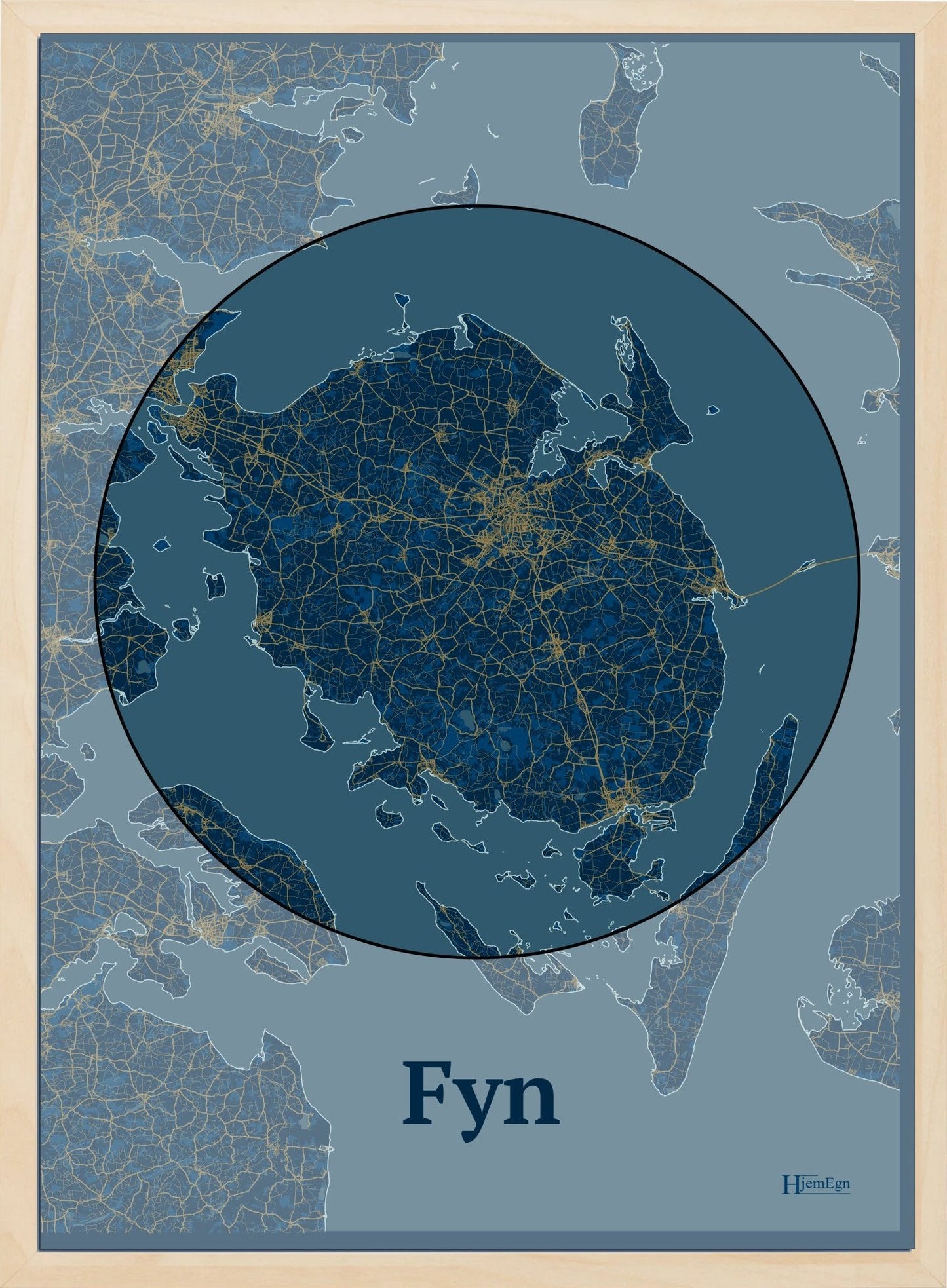 Fyn plakat i farve mørk blå og HjemEgn.dk design centrum. Design bykort for Fyn