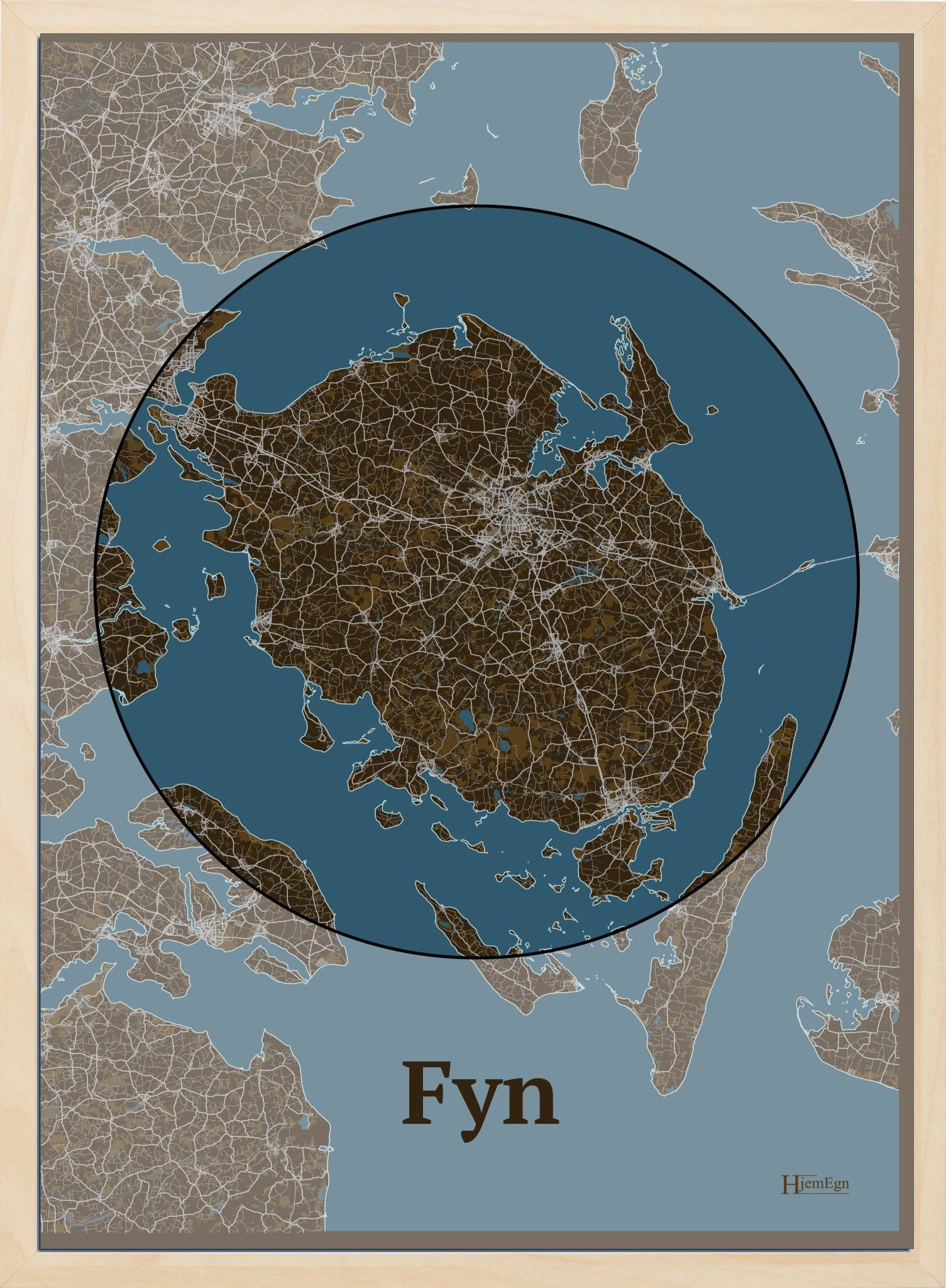 Fyn plakat i farve mørk brun og HjemEgn.dk design centrum. Design bykort for Fyn