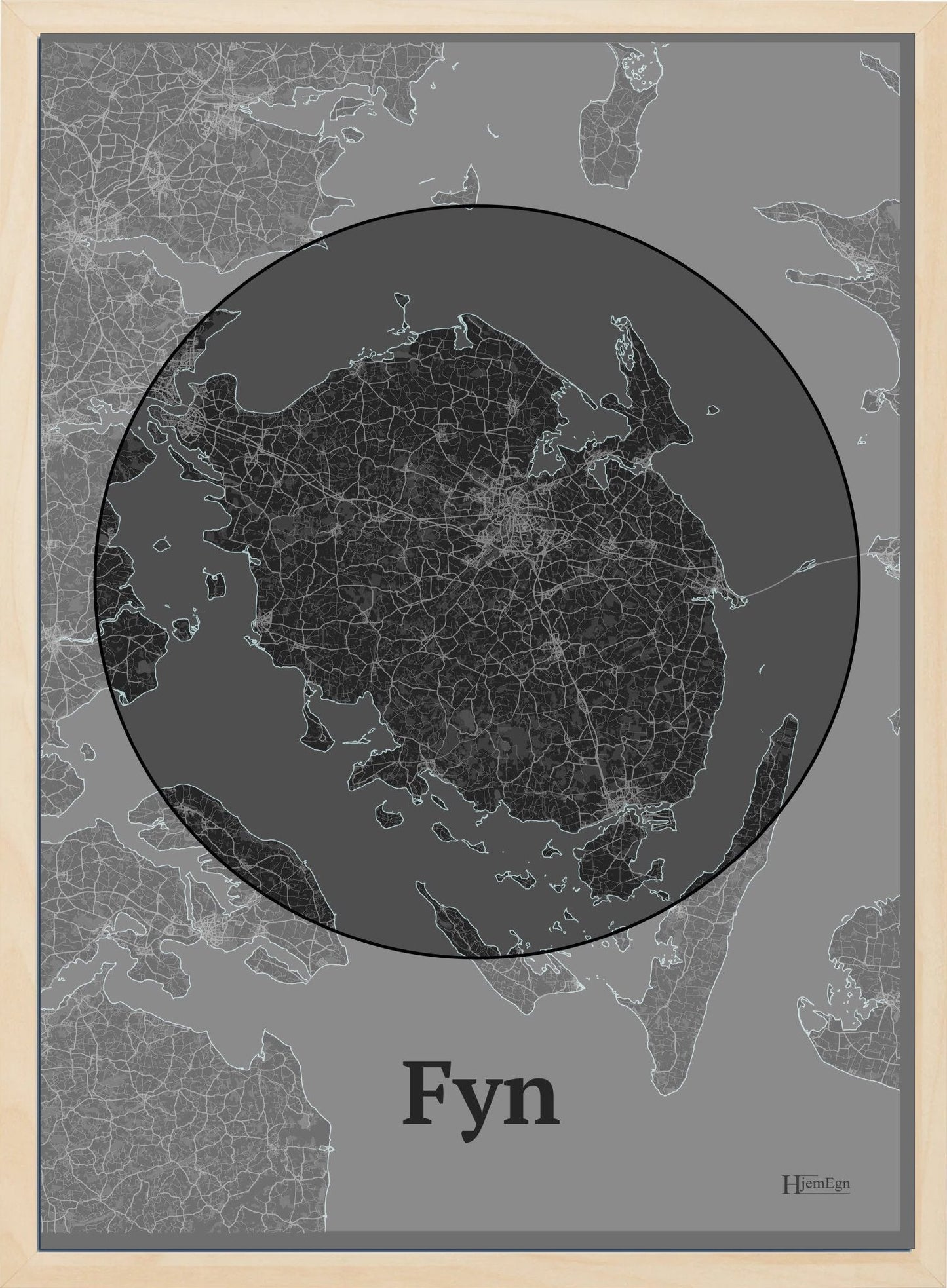 Fyn plakat i farve mørk grå og HjemEgn.dk design centrum. Design bykort for Fyn
