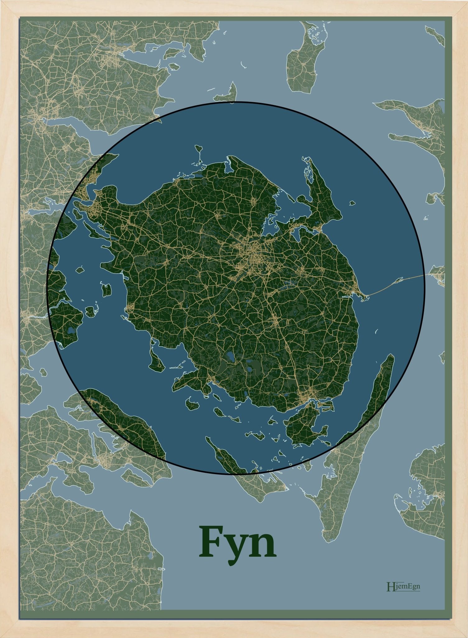 Fyn plakat i farve mørk grøn og HjemEgn.dk design centrum. Design bykort for Fyn