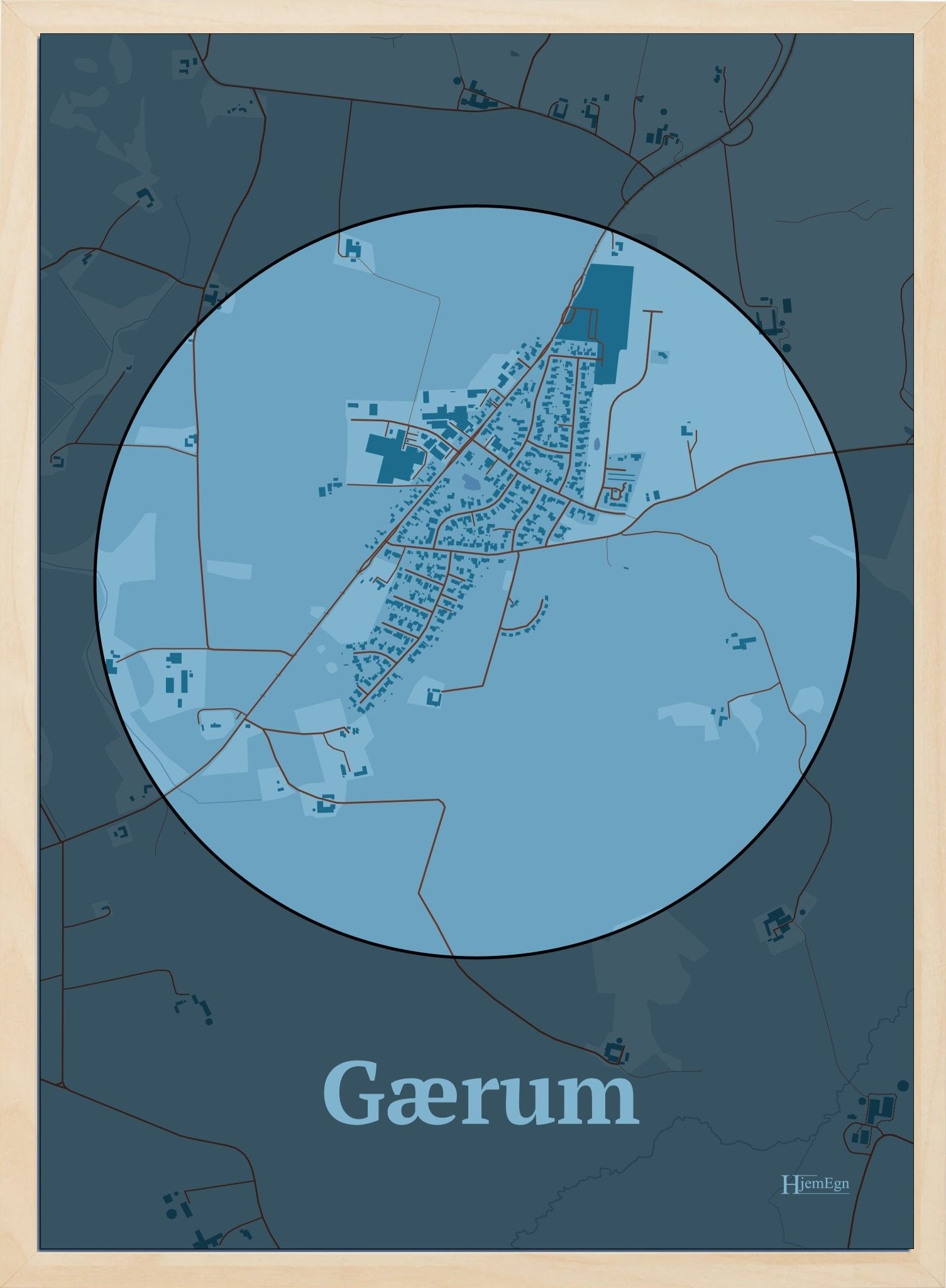 Gærum plakat i farve pastel blå og HjemEgn.dk design centrum. Design bykort for Gærum