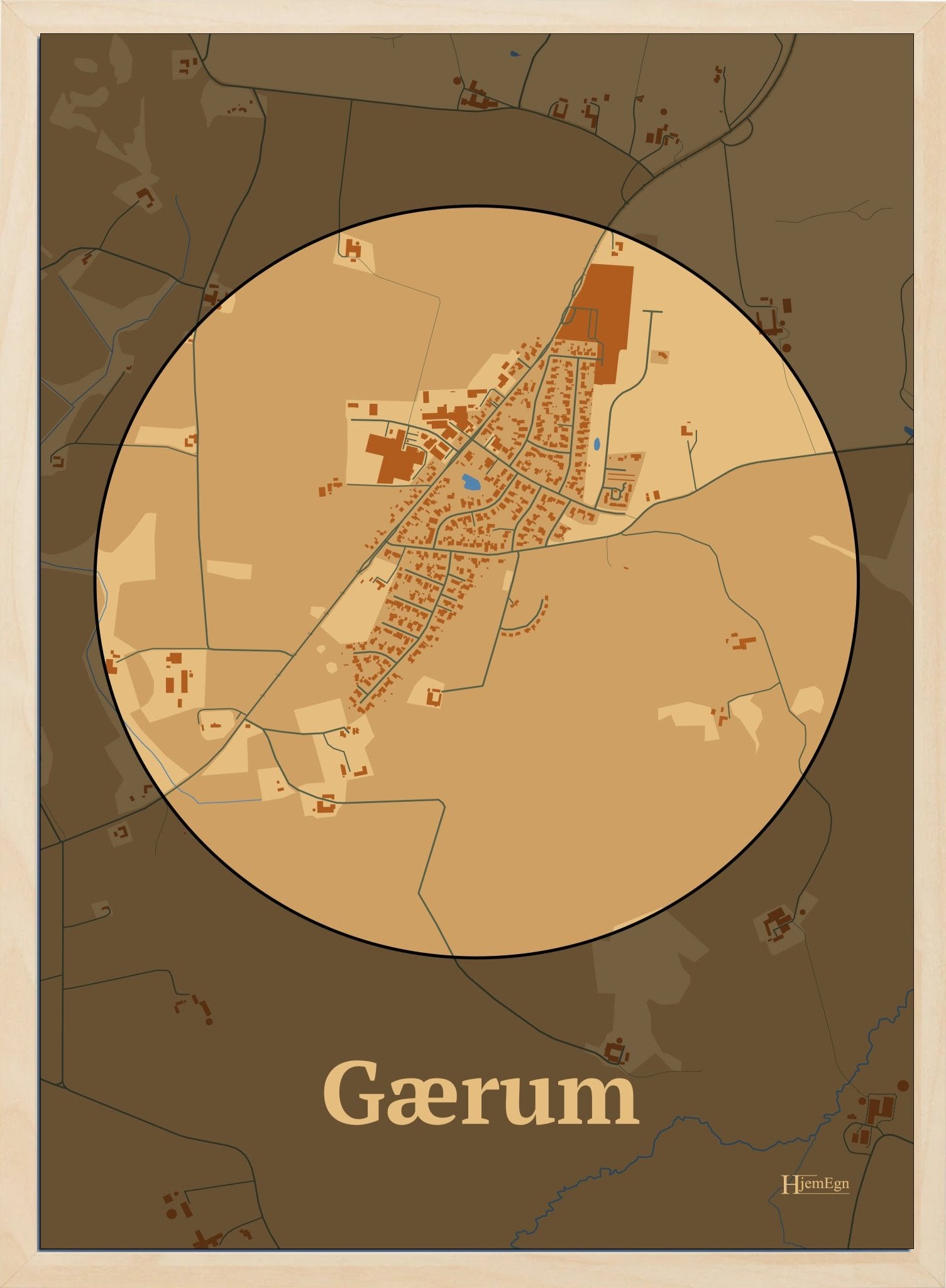 Gærum plakat i farve pastel brun og HjemEgn.dk design centrum. Design bykort for Gærum