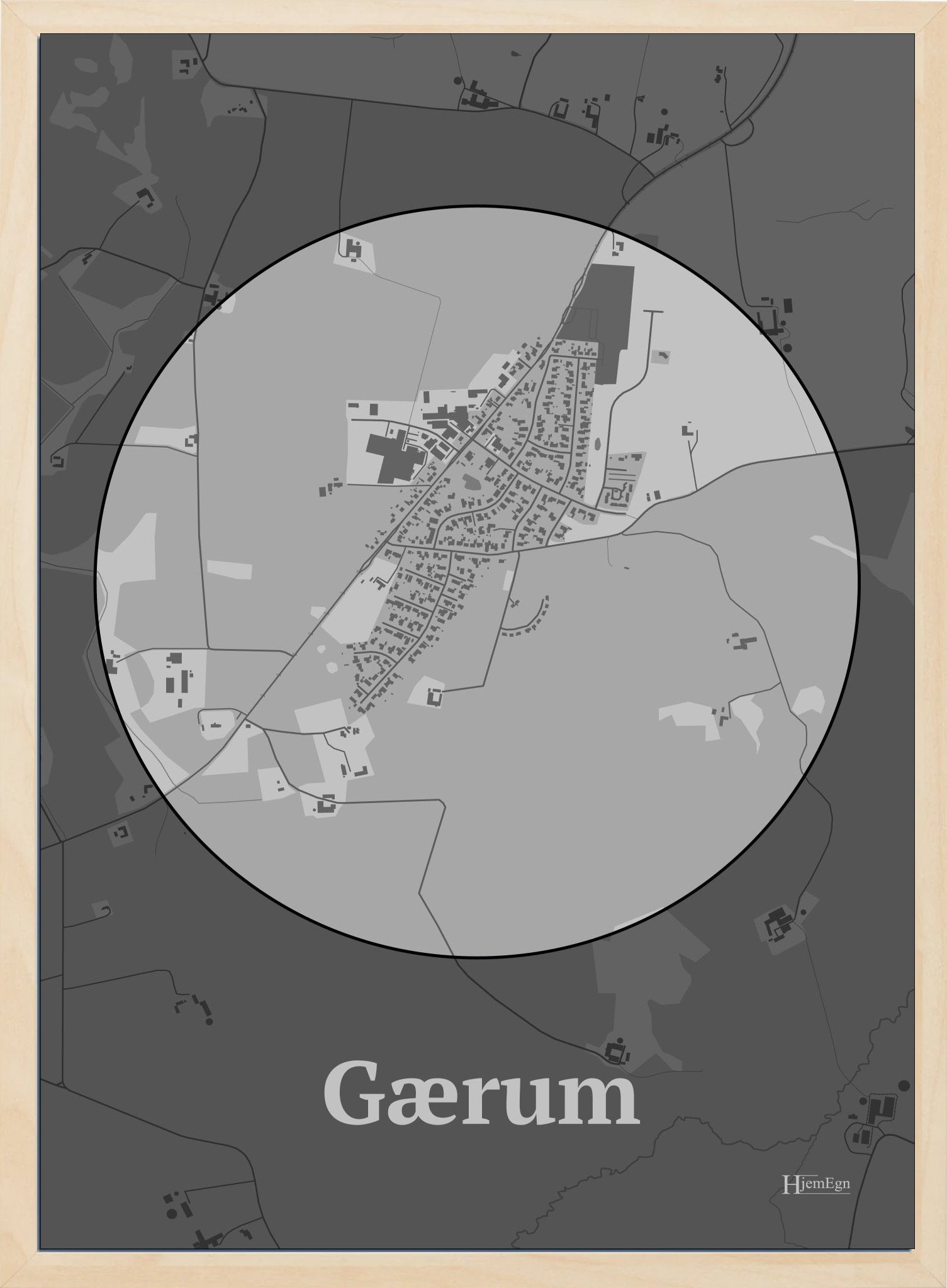 Gærum plakat i farve pastel grå og HjemEgn.dk design centrum. Design bykort for Gærum