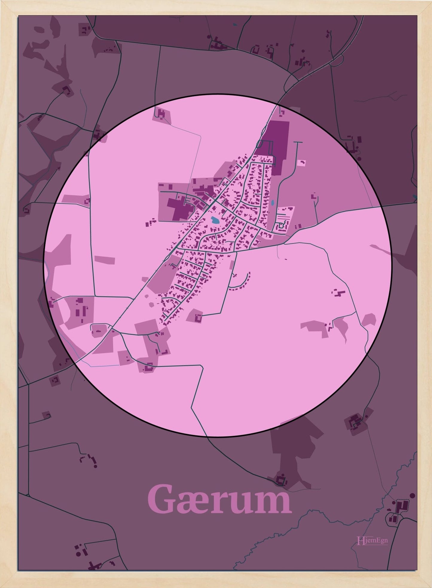 Gærum plakat i farve pastel rød og HjemEgn.dk design centrum. Design bykort for Gærum