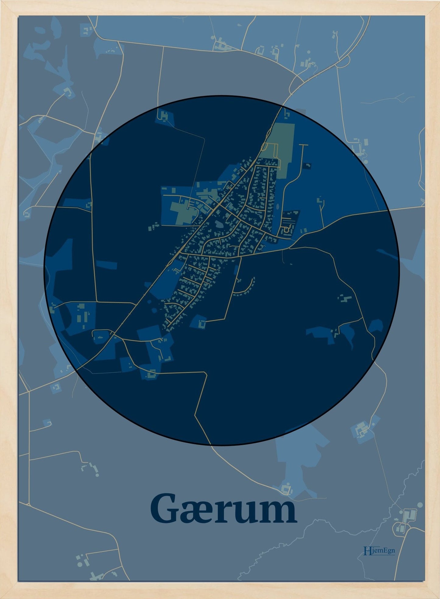 Gærum plakat i farve mørk blå og HjemEgn.dk design centrum. Design bykort for Gærum