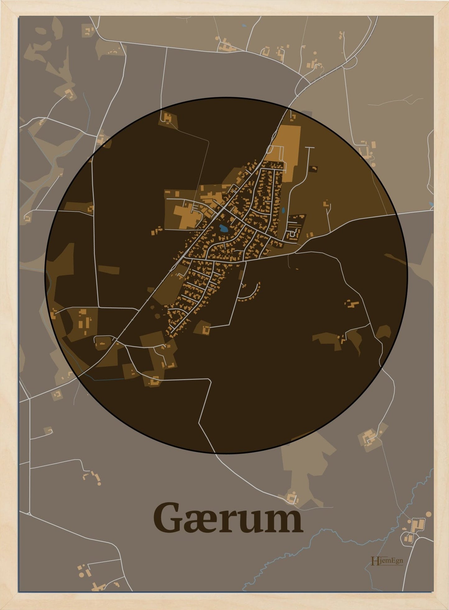 Gærum plakat i farve mørk brun og HjemEgn.dk design centrum. Design bykort for Gærum
