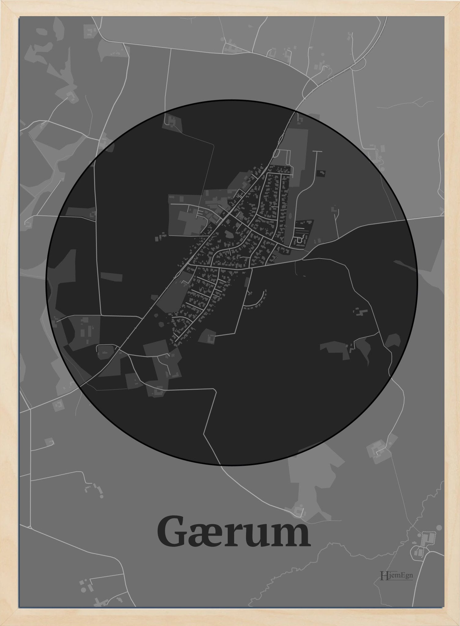 Gærum plakat i farve mørk grå og HjemEgn.dk design centrum. Design bykort for Gærum