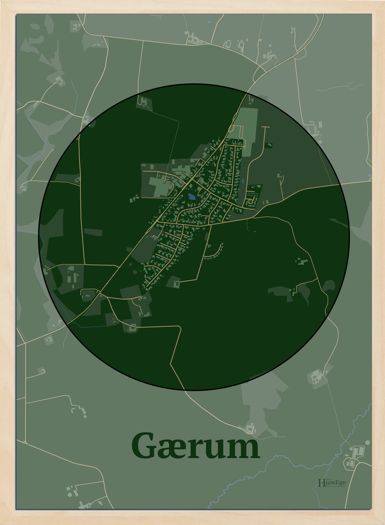 Gærum plakat i farve mørk grøn og HjemEgn.dk design centrum. Design bykort for Gærum