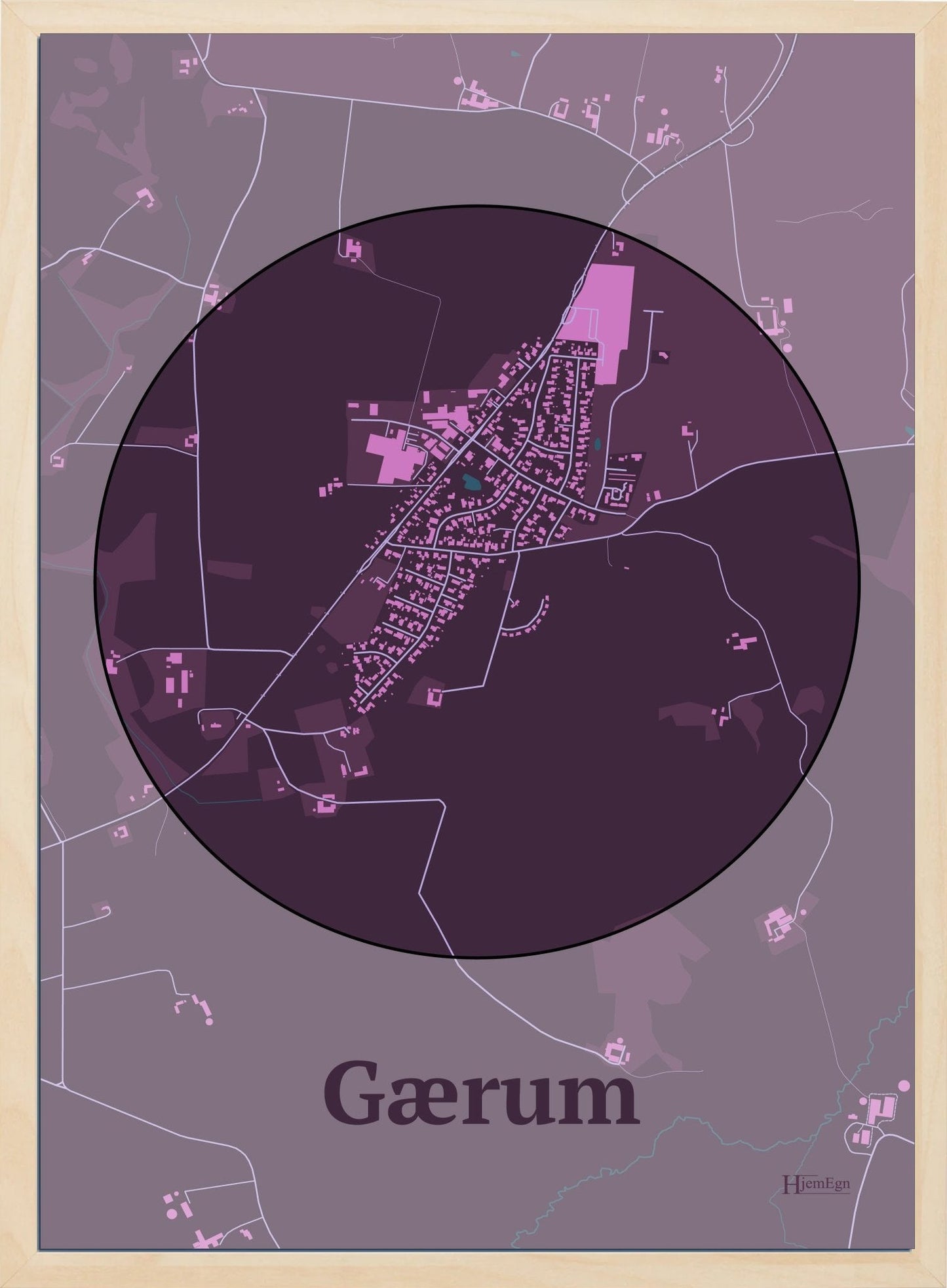 Gærum plakat i farve mørk rød og HjemEgn.dk design centrum. Design bykort for Gærum