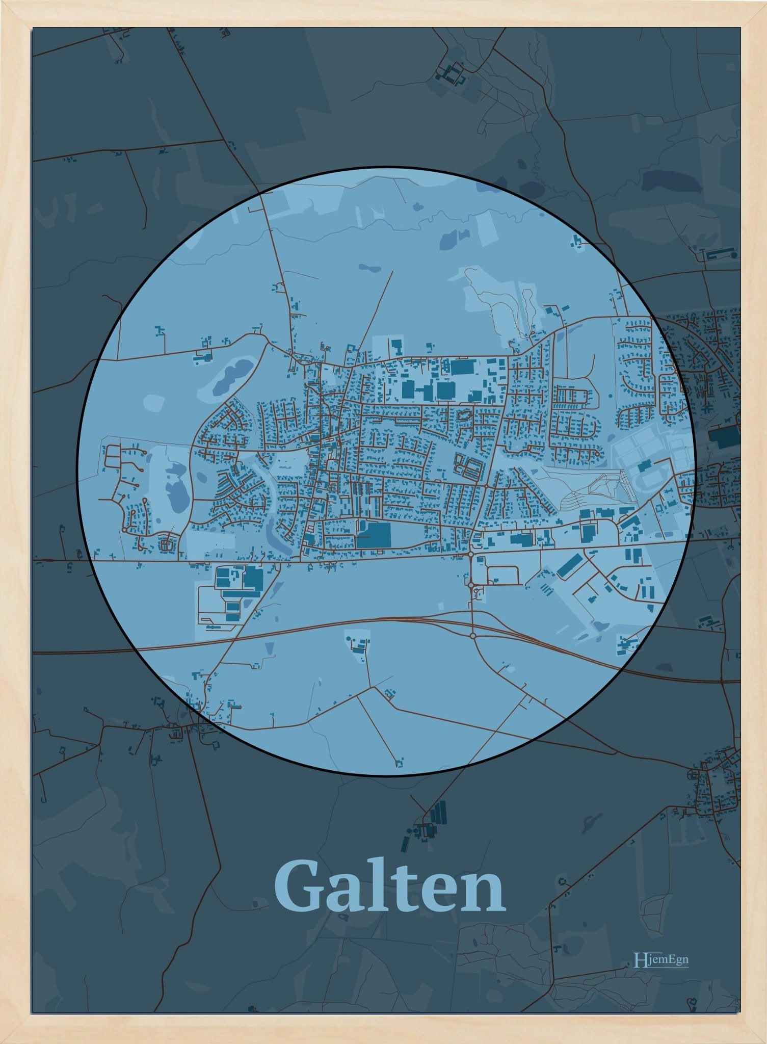 Galten plakat i farve pastel blå og HjemEgn.dk design centrum. Design bykort for Galten
