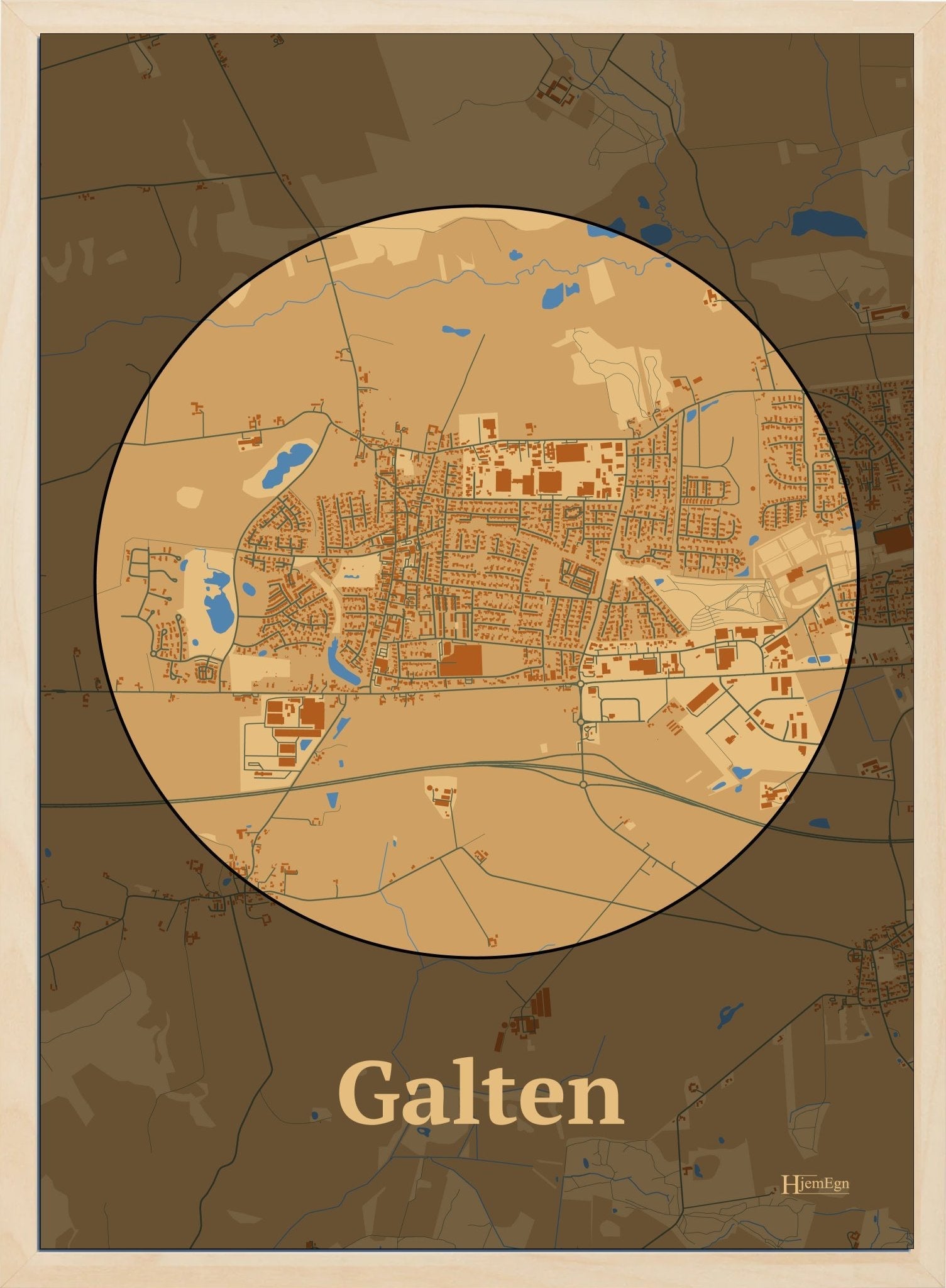 Galten plakat i farve pastel brun og HjemEgn.dk design centrum. Design bykort for Galten