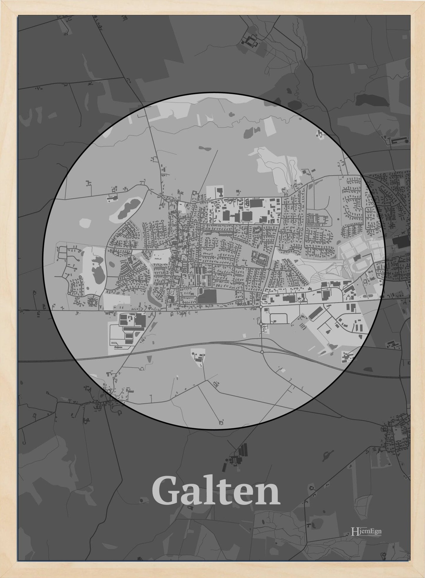 Galten plakat i farve pastel grå og HjemEgn.dk design centrum. Design bykort for Galten