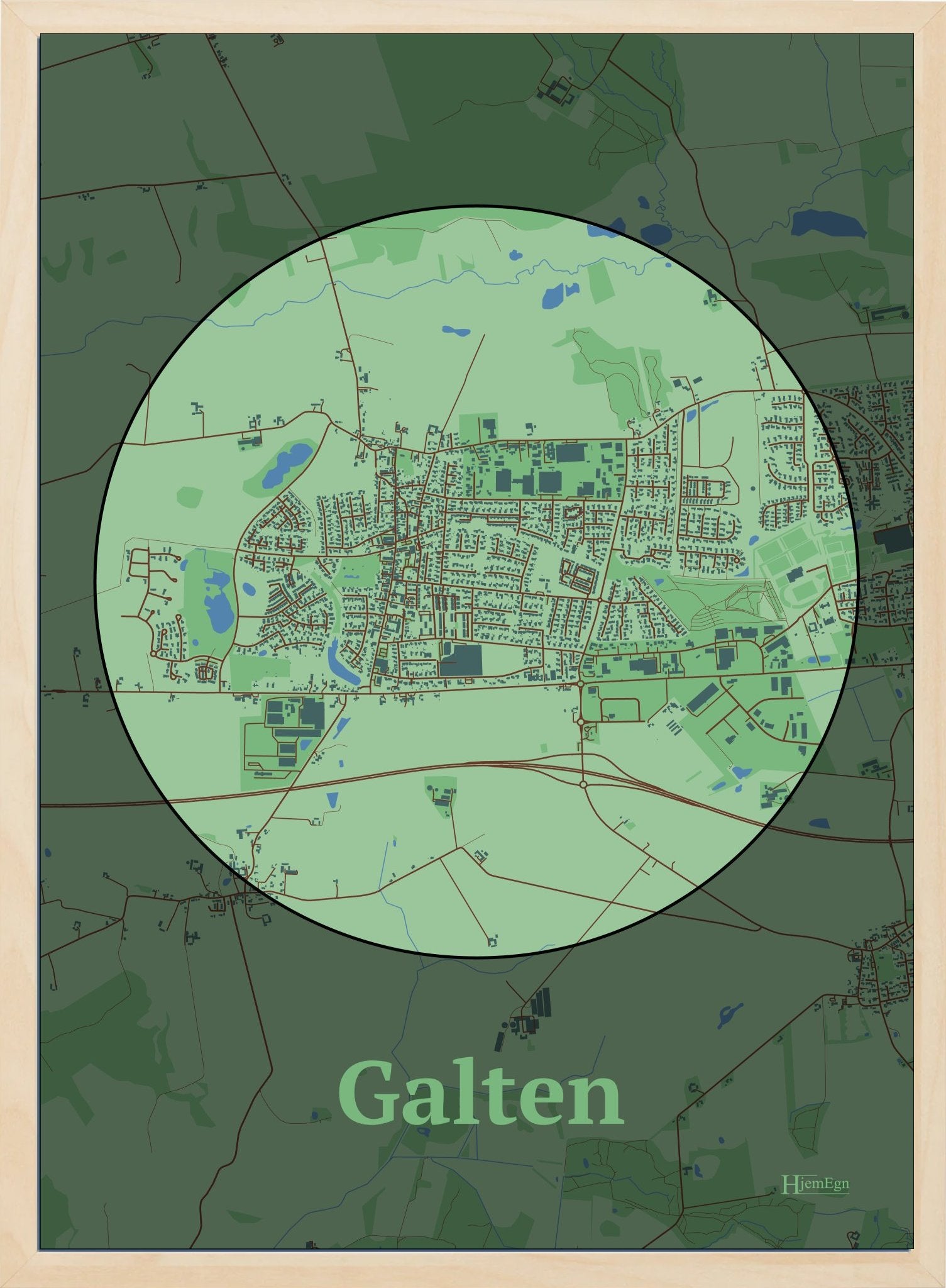 Galten plakat i farve pastel grøn og HjemEgn.dk design centrum. Design bykort for Galten