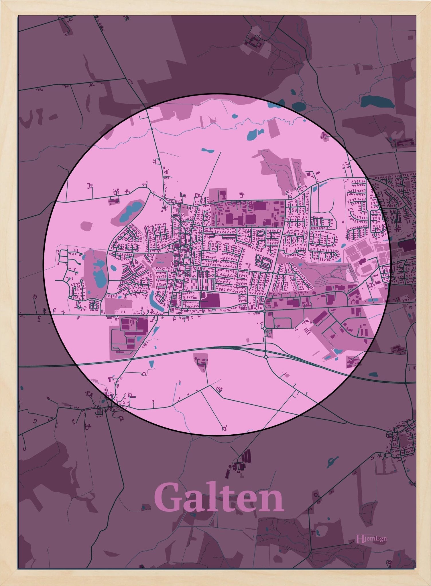 Galten plakat i farve pastel rød og HjemEgn.dk design centrum. Design bykort for Galten