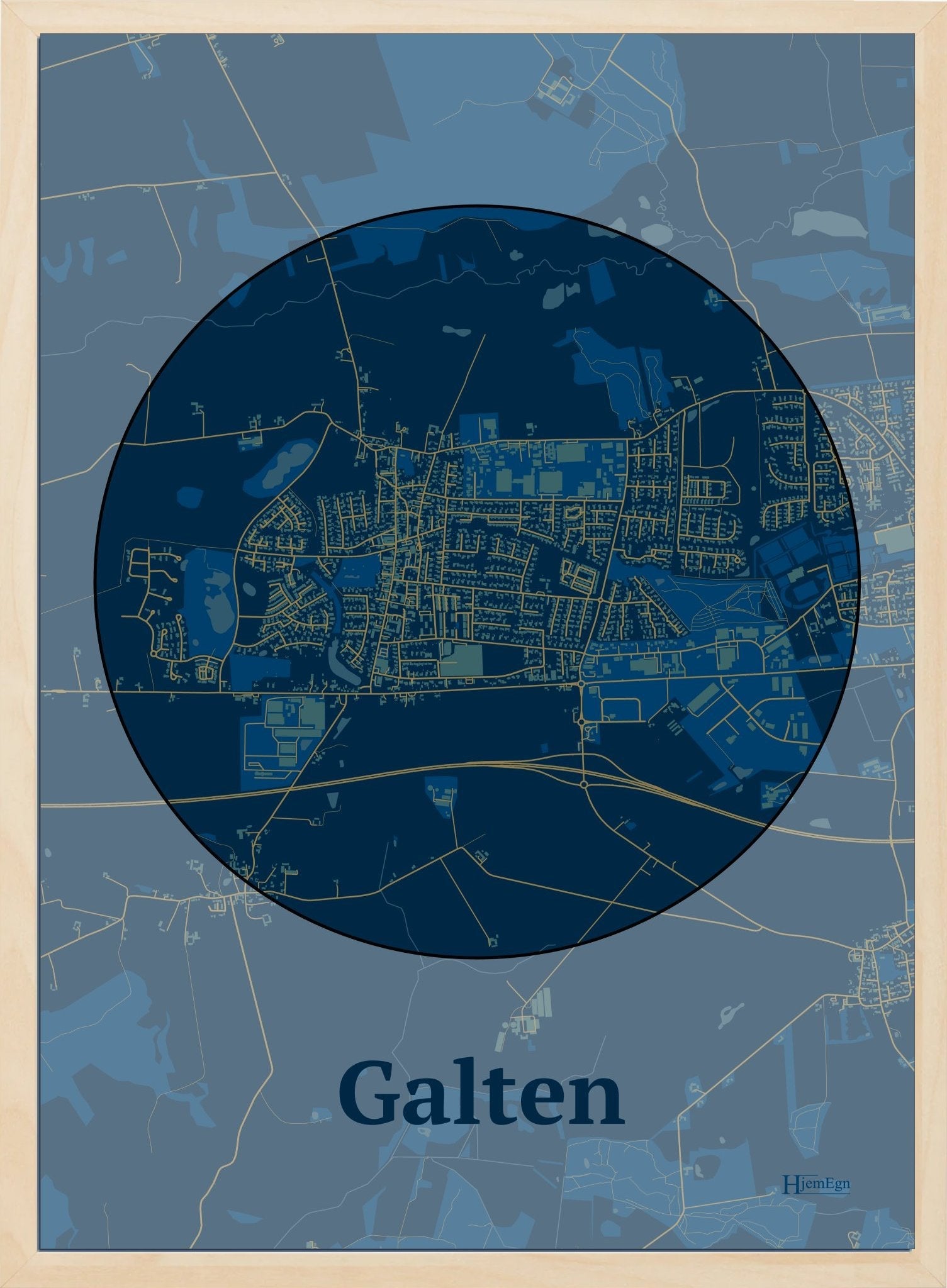 Galten plakat i farve mørk blå og HjemEgn.dk design centrum. Design bykort for Galten