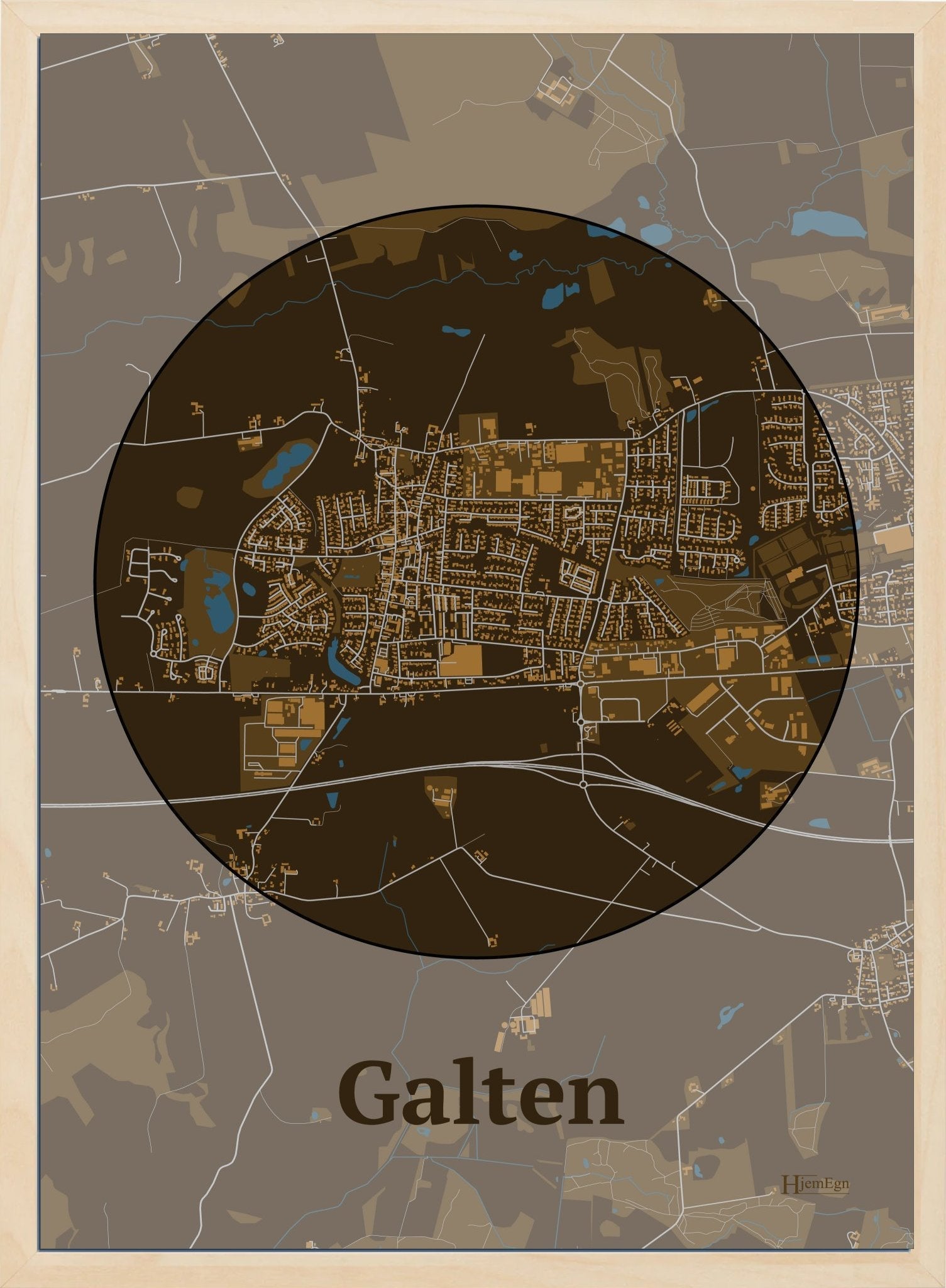 Galten plakat i farve mørk brun og HjemEgn.dk design centrum. Design bykort for Galten