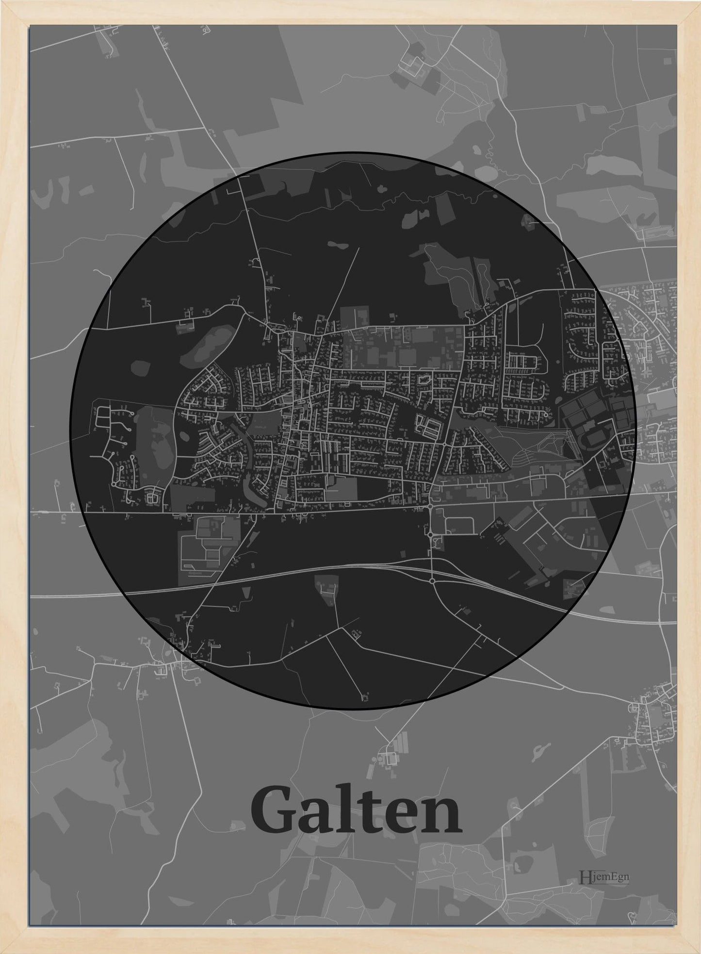 Galten plakat i farve mørk grå og HjemEgn.dk design centrum. Design bykort for Galten