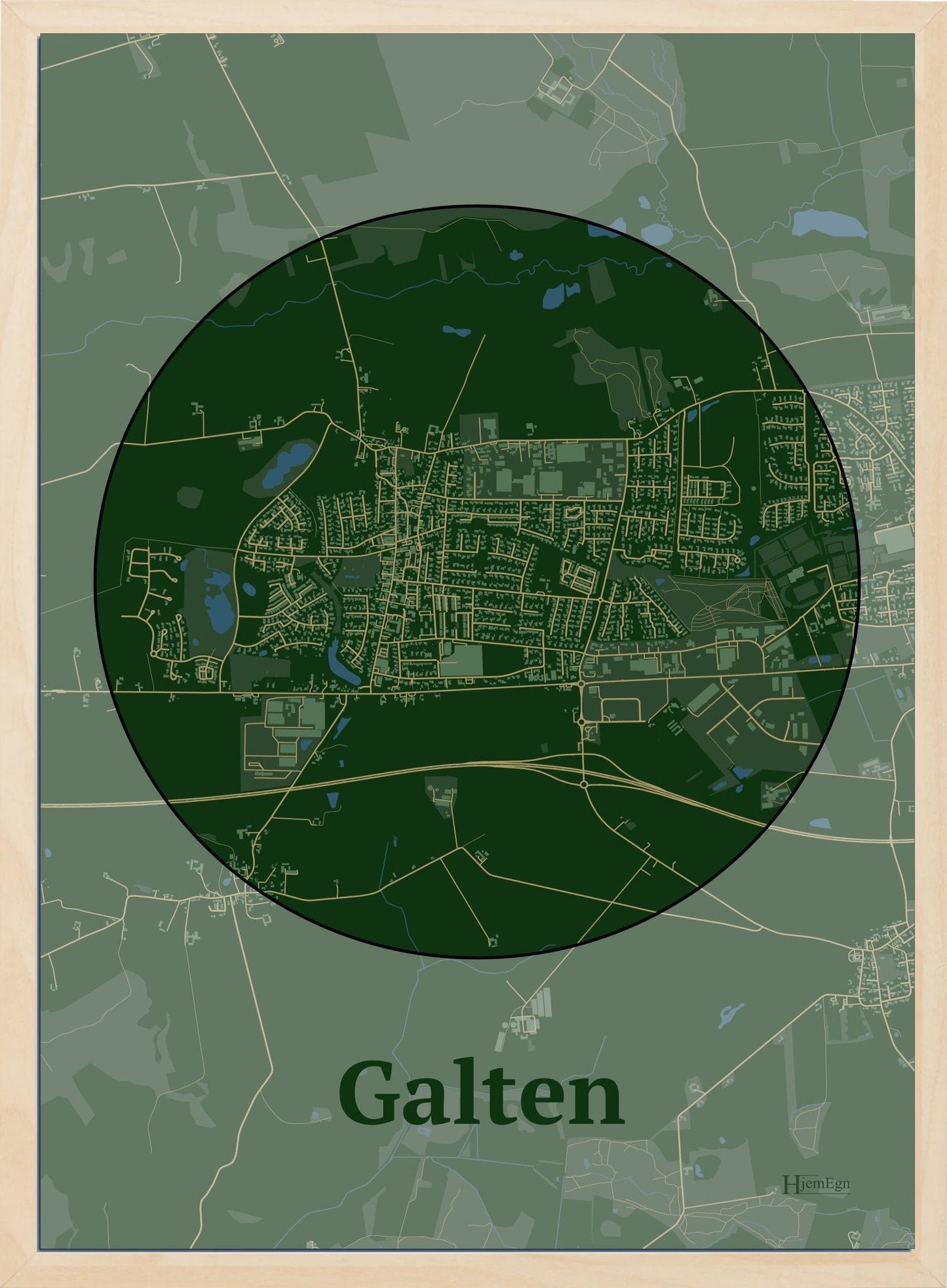 Galten plakat i farve mørk grøn og HjemEgn.dk design centrum. Design bykort for Galten