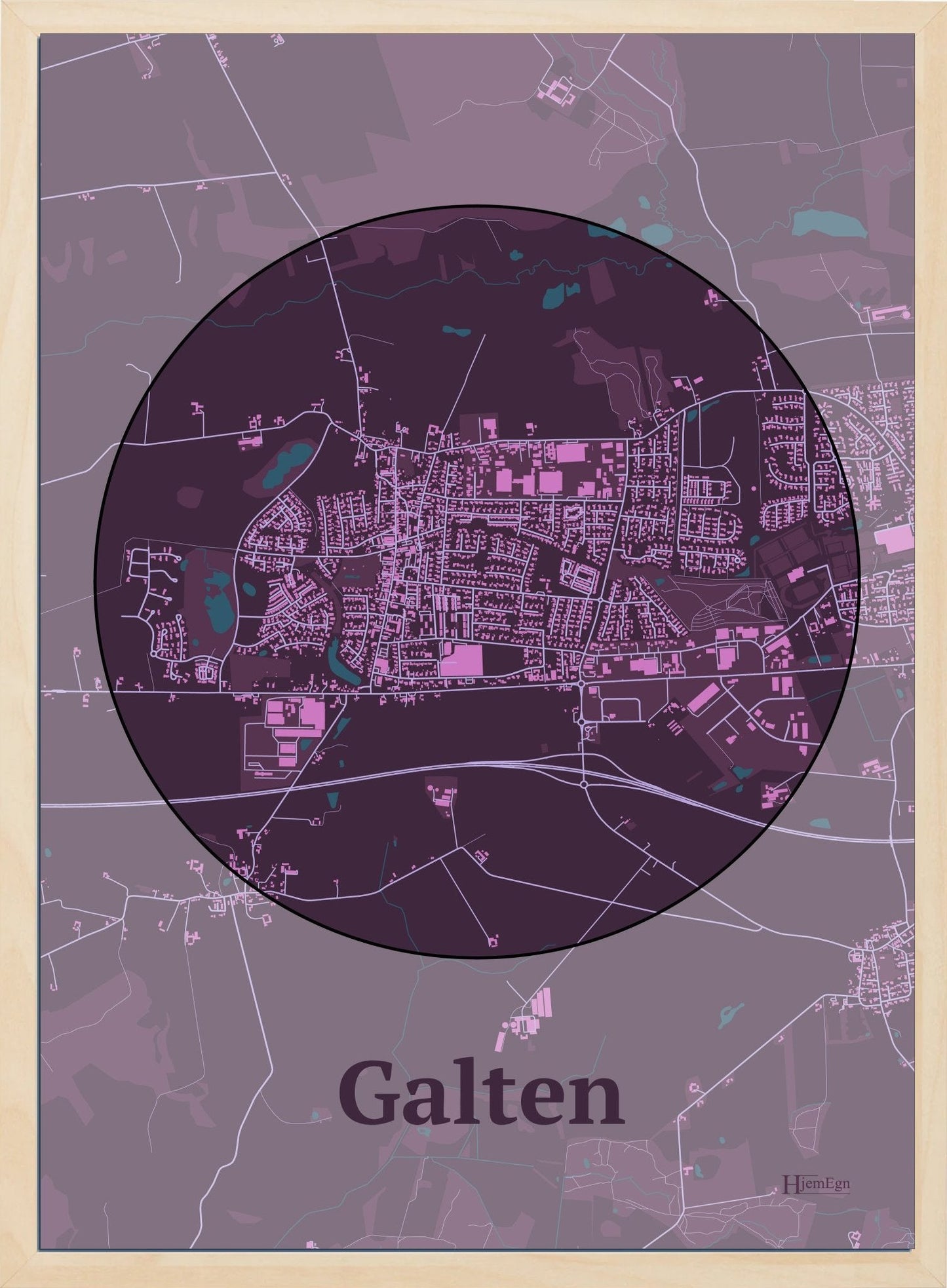 Galten plakat i farve mørk rød og HjemEgn.dk design centrum. Design bykort for Galten