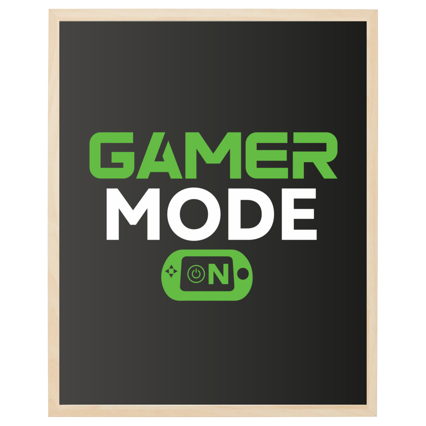 gamer plakat i grøn og hvid med grafik og tekst gamer mode on