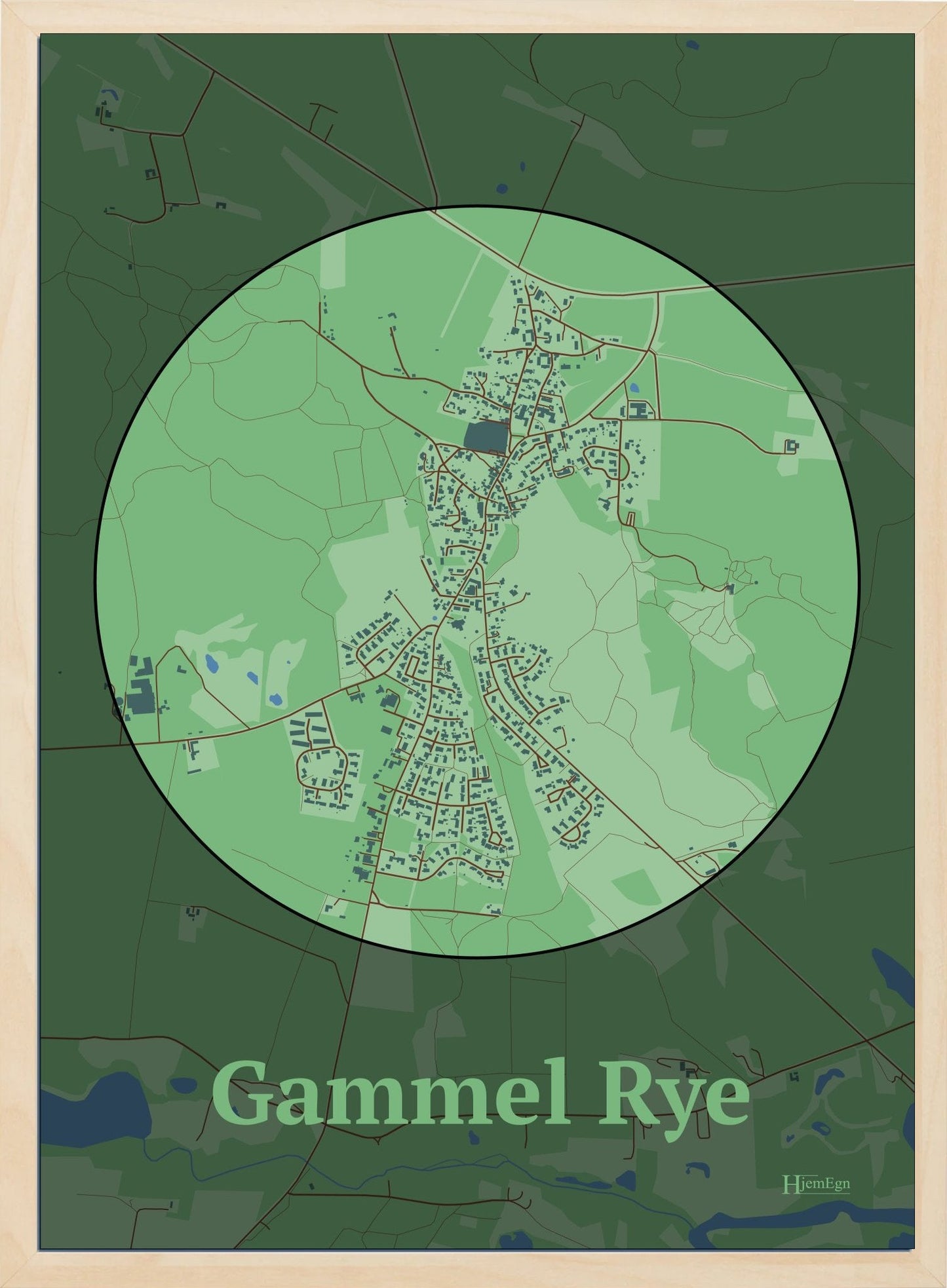 Gammel Rye plakat i farve pastel grøn og HjemEgn.dk design centrum. Design bykort for Gammel Rye