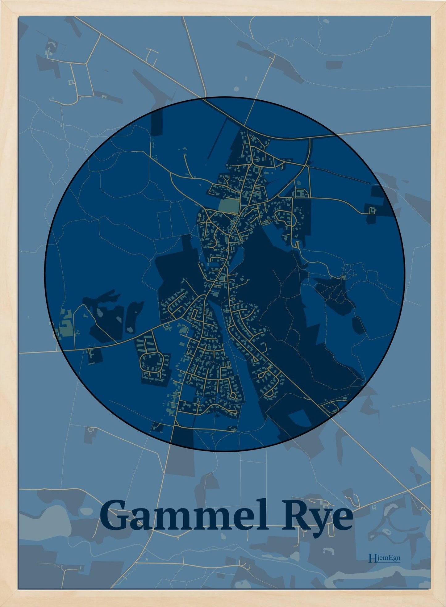 Gammel Rye plakat i farve mørk blå og HjemEgn.dk design centrum. Design bykort for Gammel Rye