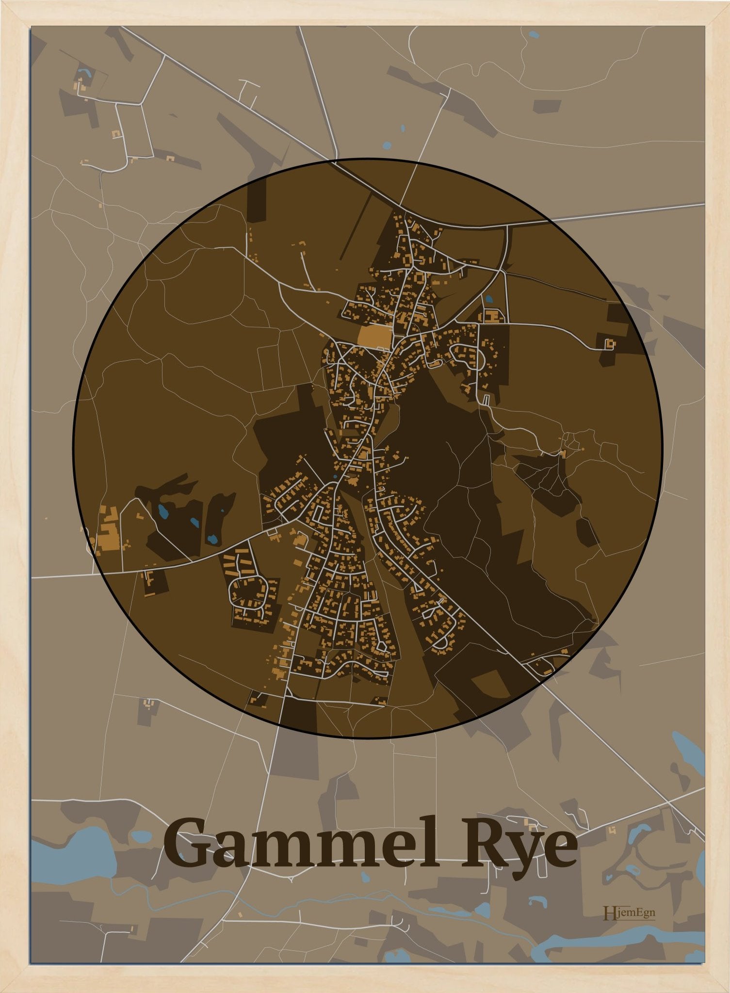 Gammel Rye plakat i farve mørk brun og HjemEgn.dk design centrum. Design bykort for Gammel Rye