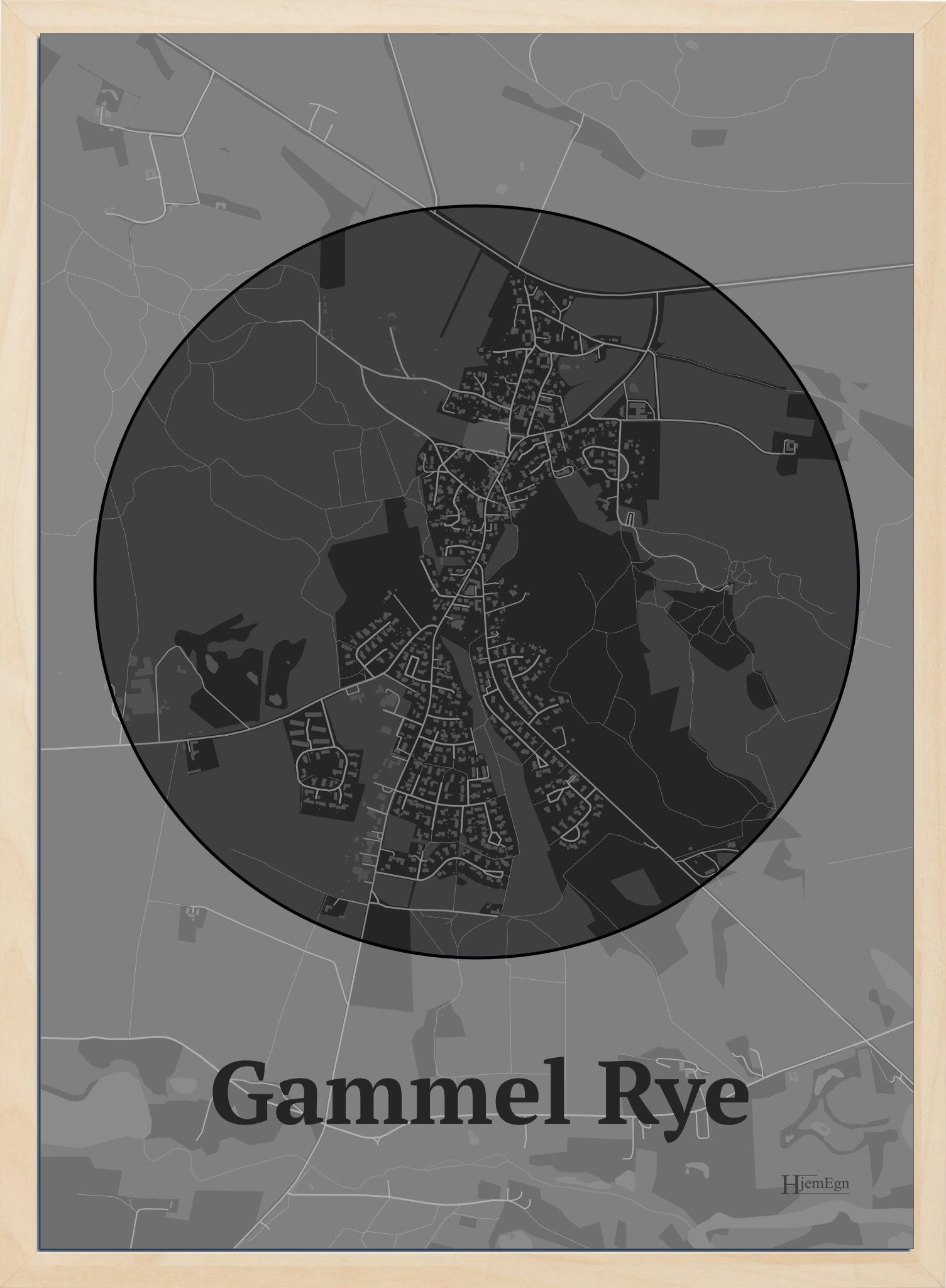 Gammel Rye plakat i farve mørk grå og HjemEgn.dk design centrum. Design bykort for Gammel Rye