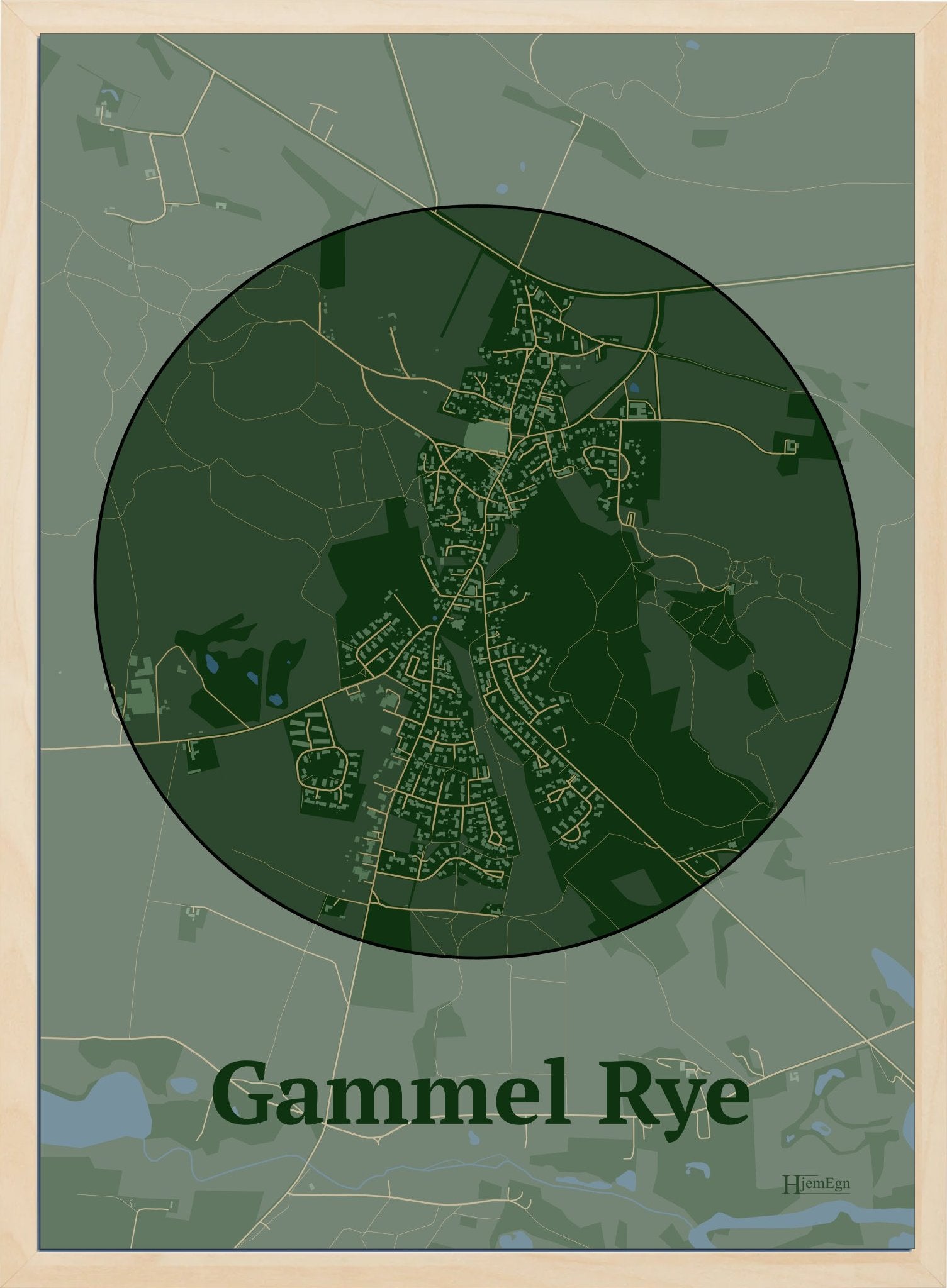 Gammel Rye plakat i farve mørk grøn og HjemEgn.dk design centrum. Design bykort for Gammel Rye