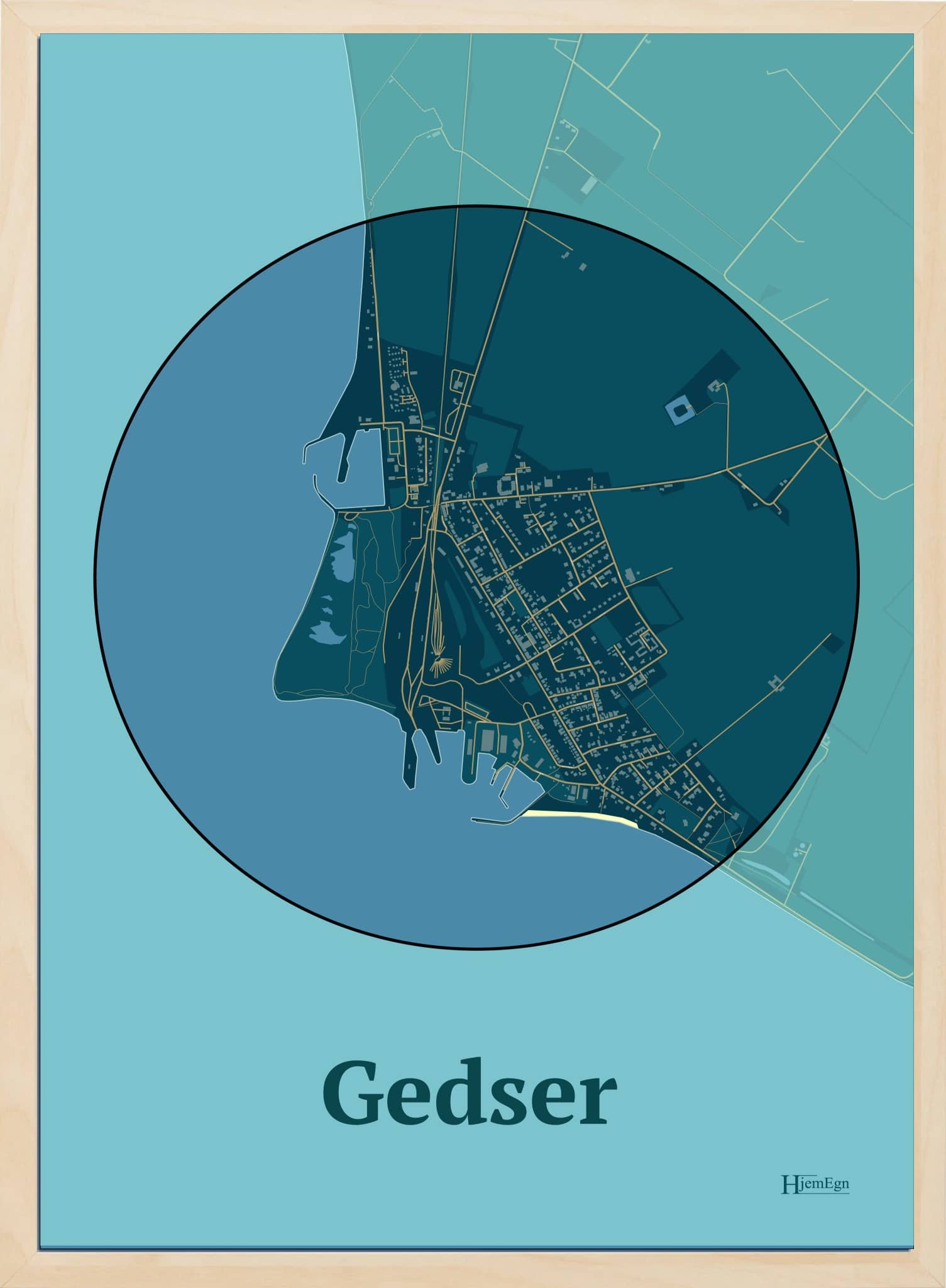 Gedser plakat i farve mørk blå og HjemEgn.dk design centrum. Design bykort for Gedser