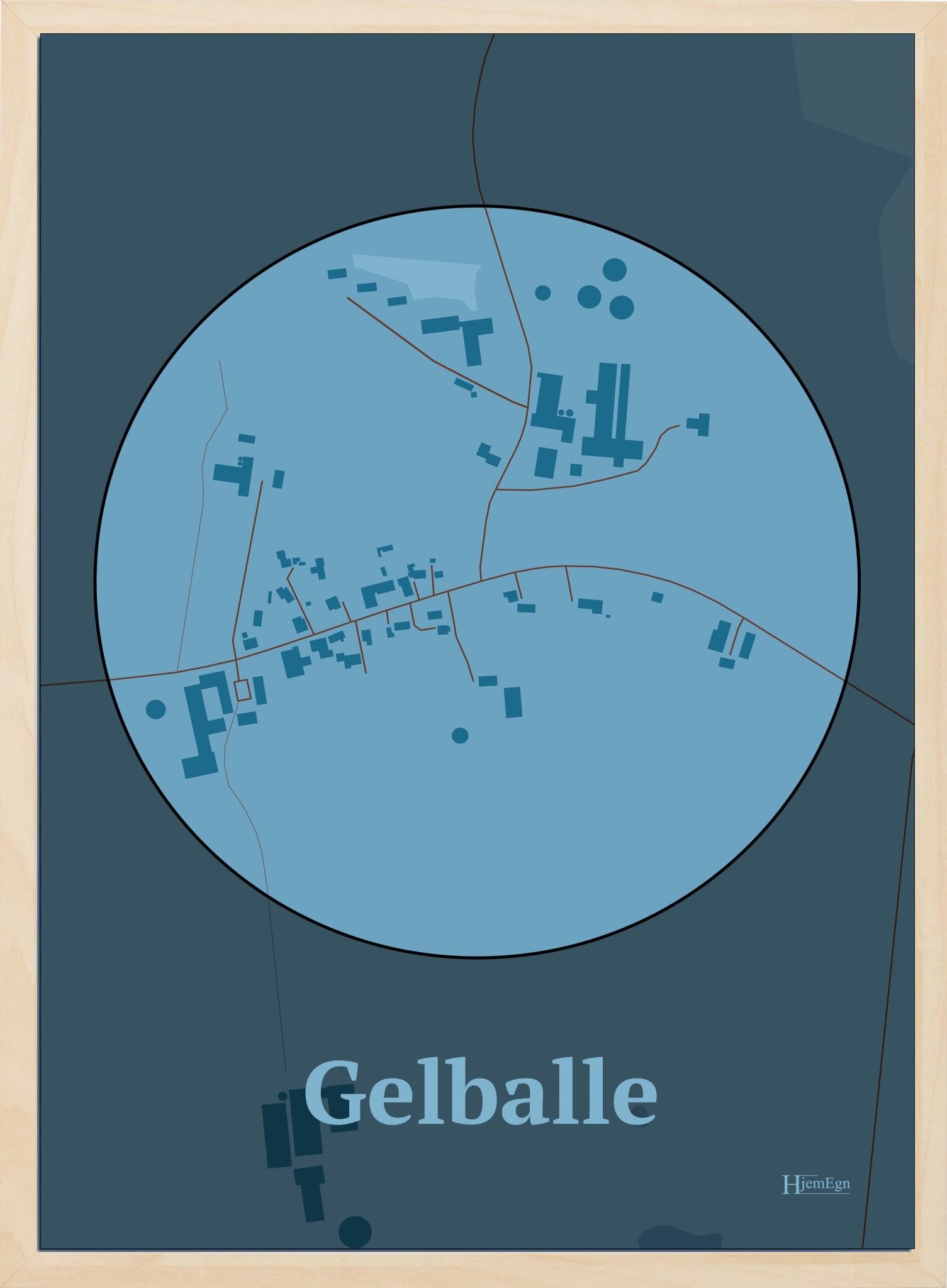 Gelballe plakat i farve pastel blå og HjemEgn.dk design centrum. Design bykort for Gelballe