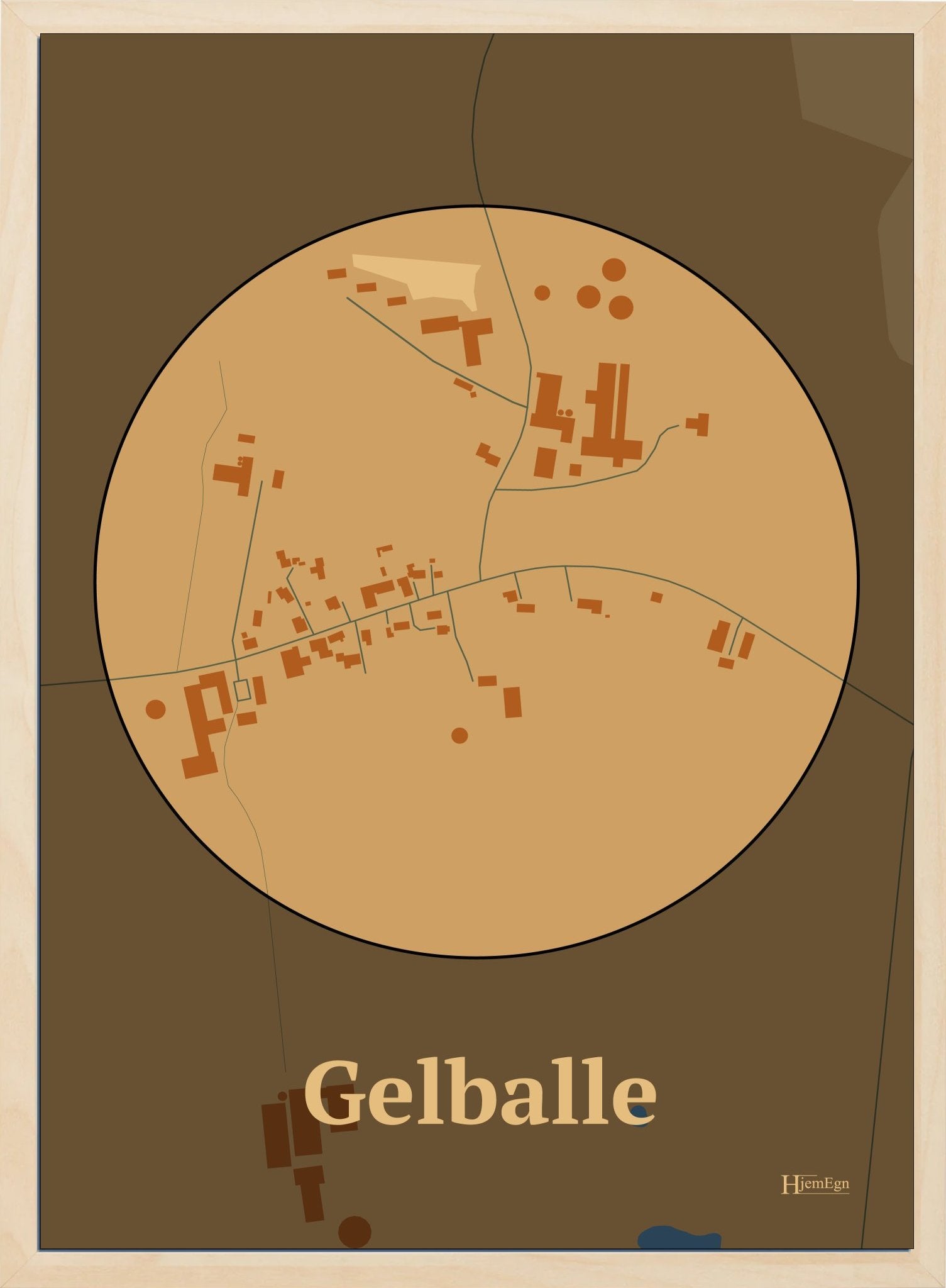 Gelballe plakat i farve pastel brun og HjemEgn.dk design centrum. Design bykort for Gelballe