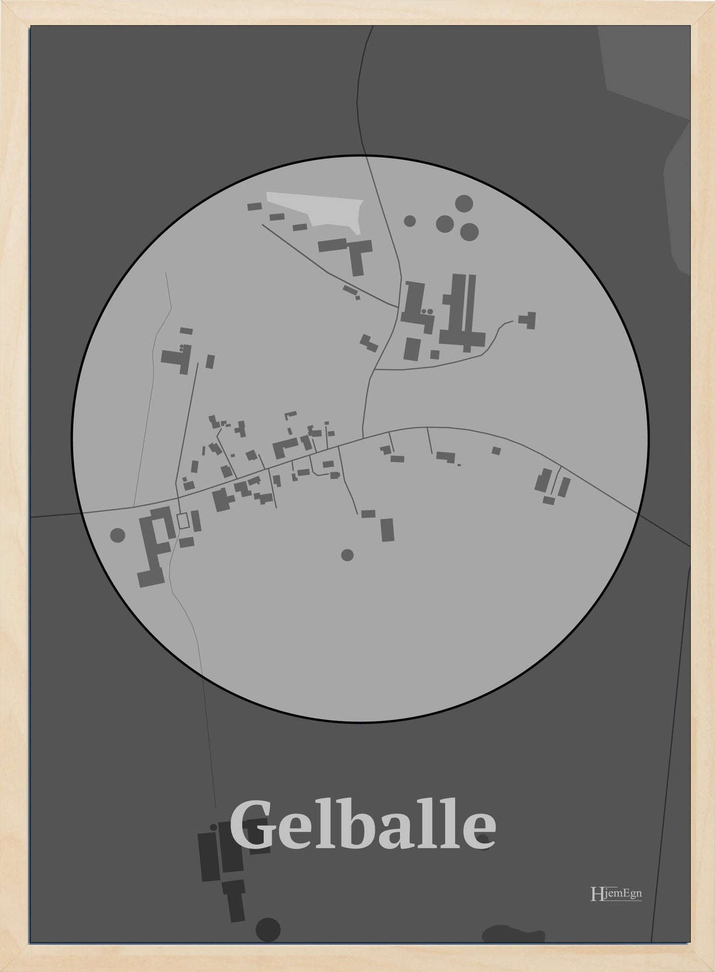 Gelballe plakat i farve pastel grå og HjemEgn.dk design centrum. Design bykort for Gelballe