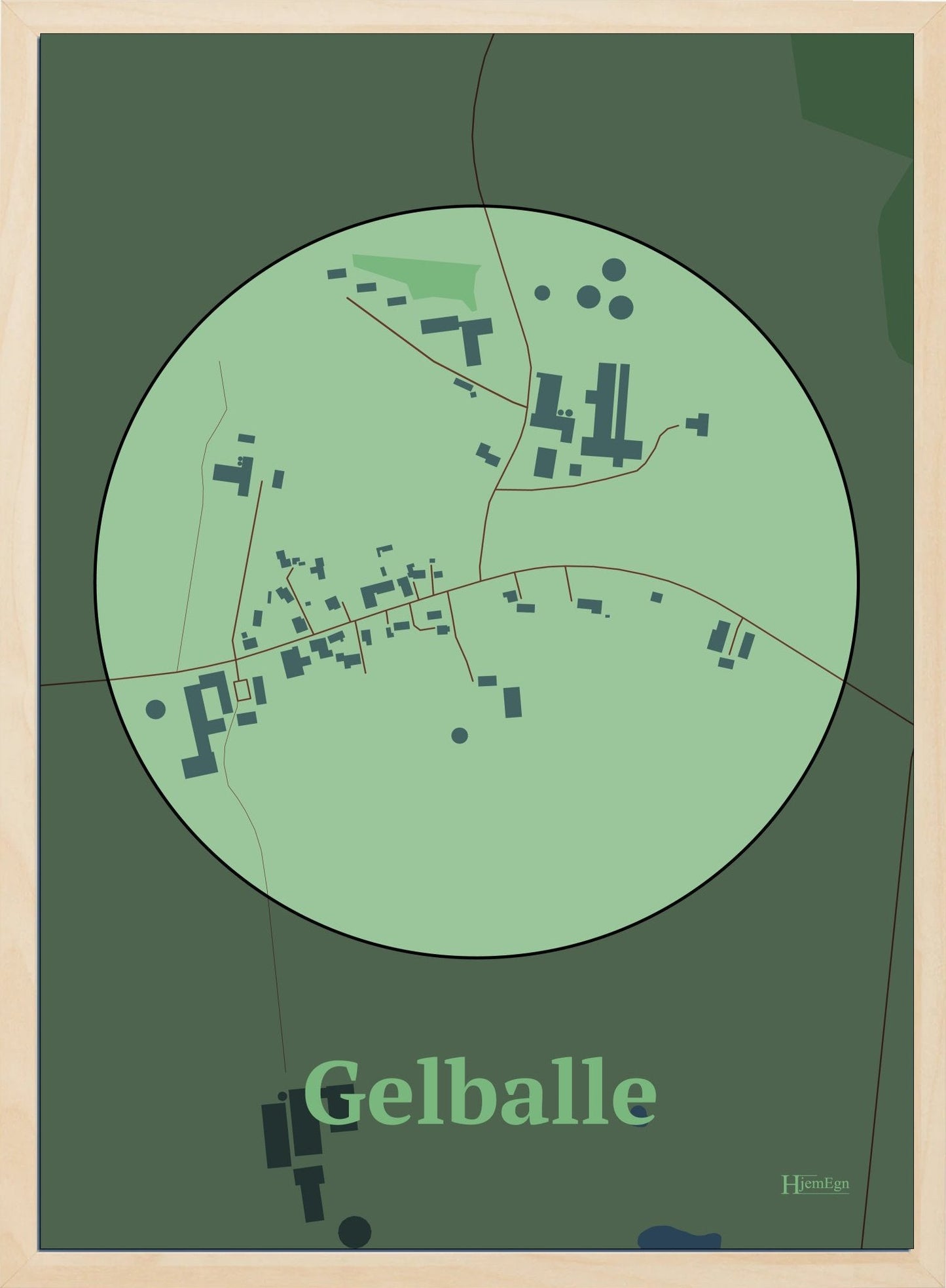 Gelballe plakat i farve pastel grøn og HjemEgn.dk design centrum. Design bykort for Gelballe