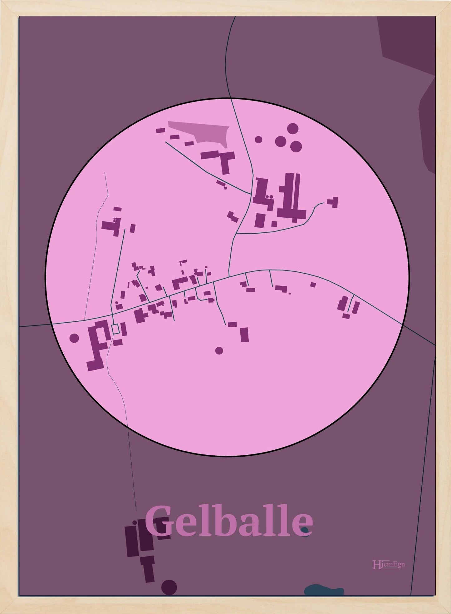 Gelballe plakat i farve pastel rød og HjemEgn.dk design centrum. Design bykort for Gelballe