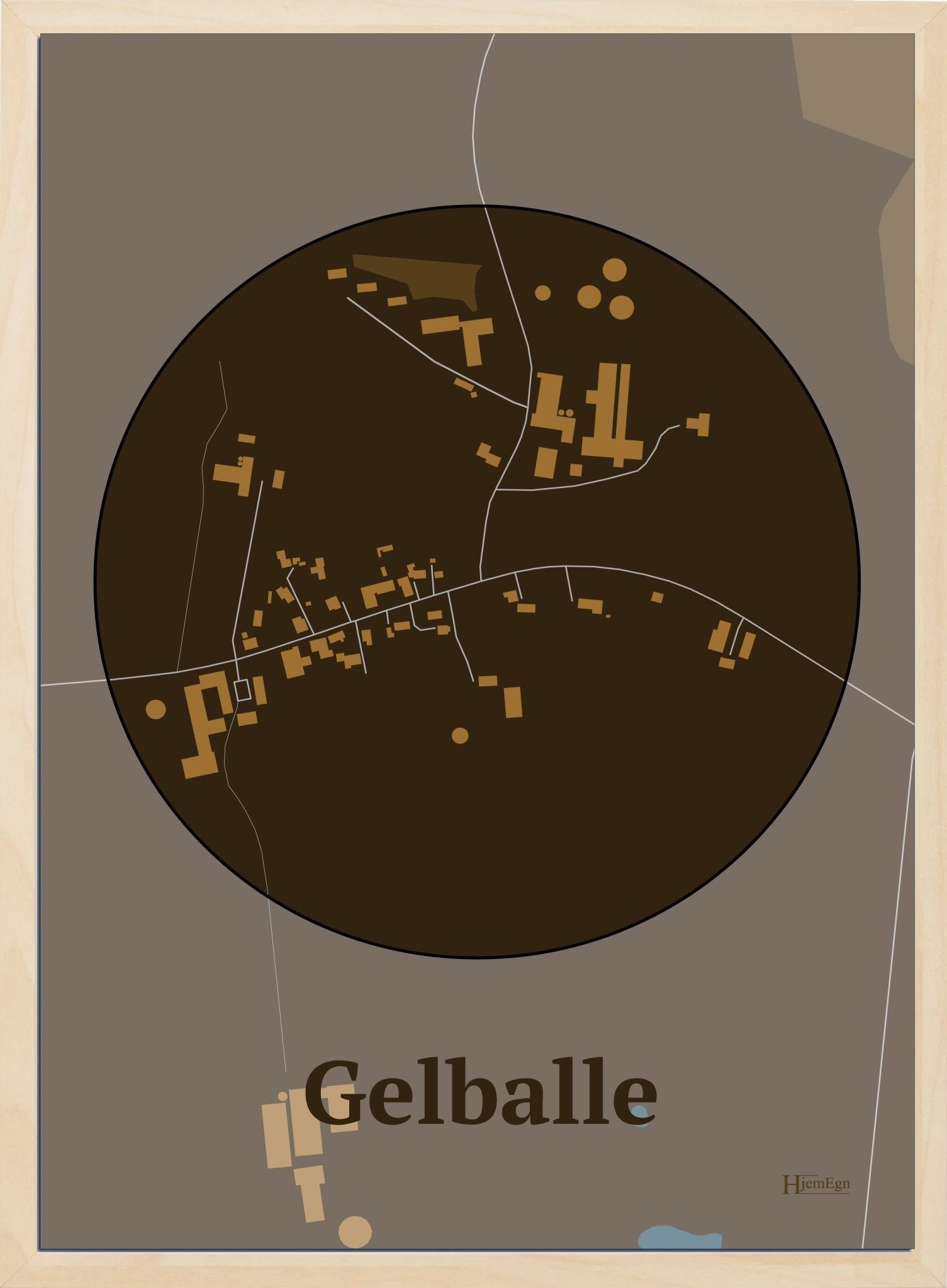 Gelballe plakat i farve mørk brun og HjemEgn.dk design centrum. Design bykort for Gelballe