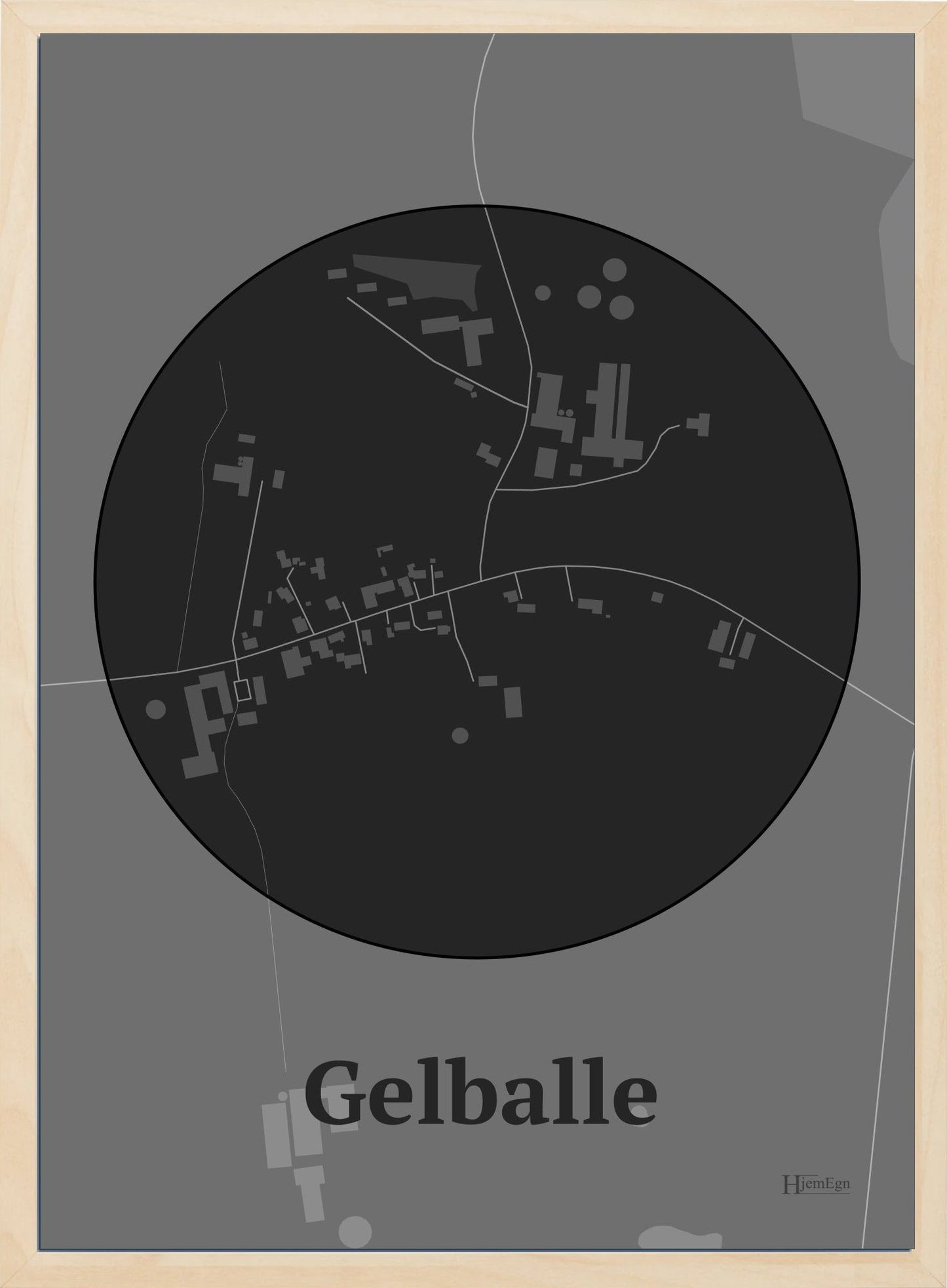 Gelballe plakat i farve mørk grå og HjemEgn.dk design centrum. Design bykort for Gelballe