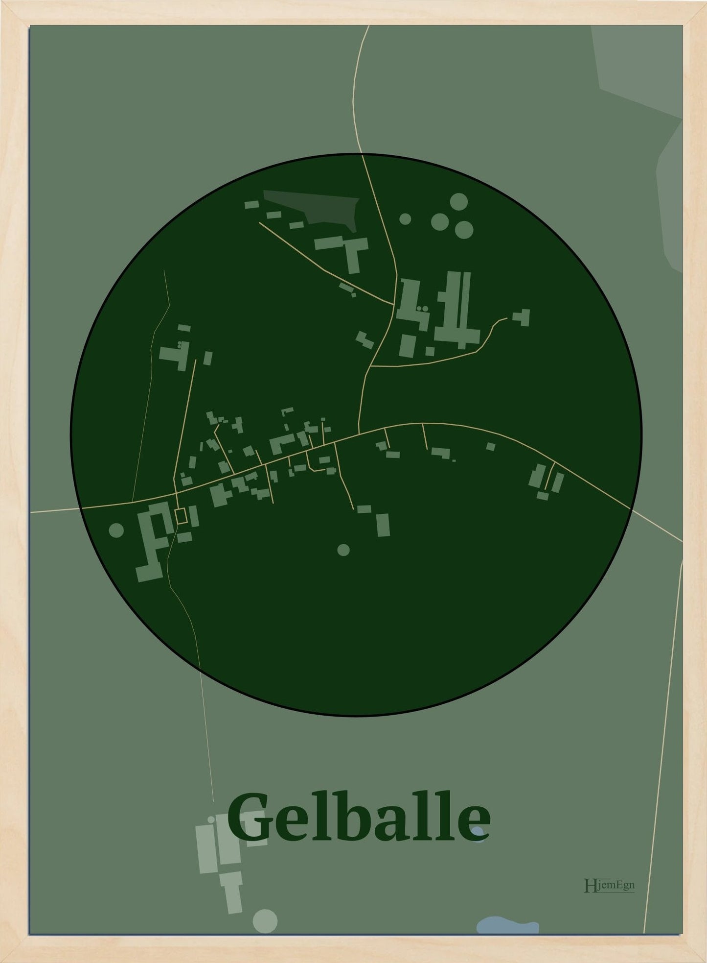 Gelballe plakat i farve mørk grøn og HjemEgn.dk design centrum. Design bykort for Gelballe