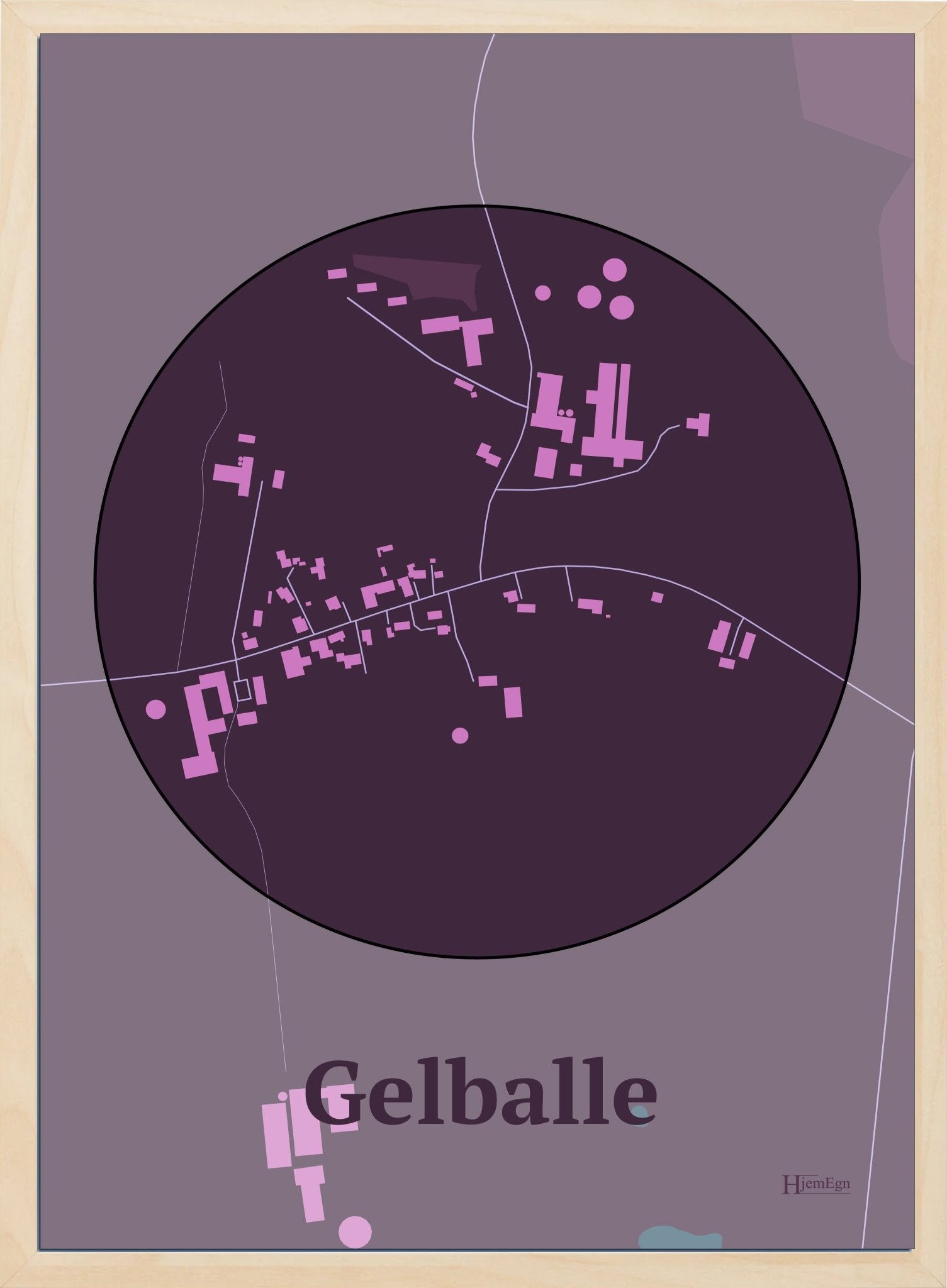 Gelballe plakat i farve mørk rød og HjemEgn.dk design centrum. Design bykort for Gelballe